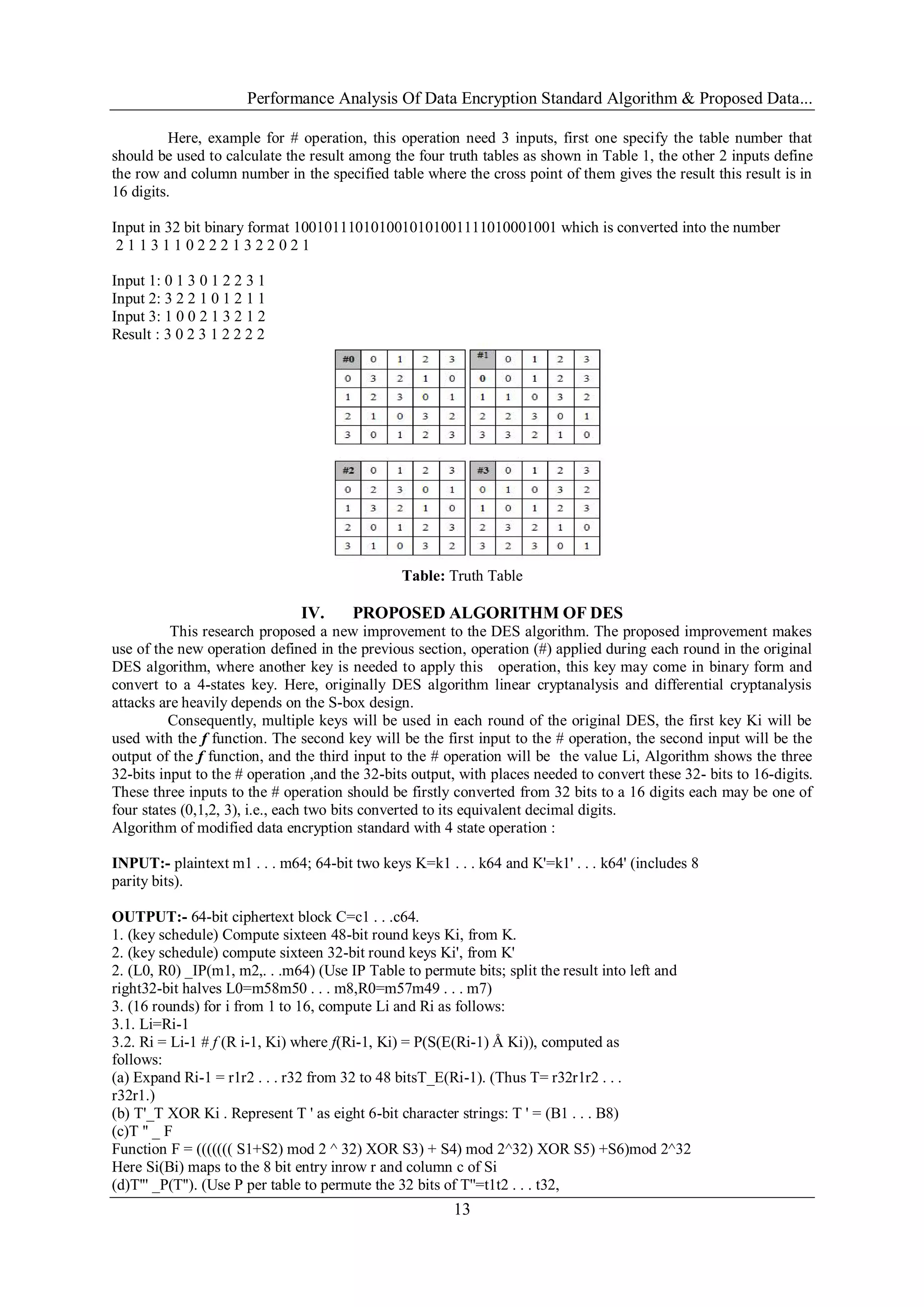Performance Analysis Of Data Encryption Standard Algorithm & Proposed Data...
13
Here, example for # operation, this operation need 3 inputs, first one specify the table number that
should be used to calculate the result among the four truth tables as shown in Table 1, the other 2 inputs define
the row and column number in the specified table where the cross point of them gives the result this result is in
16 digits.
Input in 32 bit binary format 1001011101010010101001111010001001 which is converted into the number
2 1 1 3 1 1 0 2 2 2 1 3 2 2 0 2 1
Input 1: 0 1 3 0 1 2 2 3 1
Input 2: 3 2 2 1 0 1 2 1 1
Input 3: 1 0 0 2 1 3 2 1 2
Result : 3 0 2 3 1 2 2 2 2
Table: Truth Table
IV. PROPOSED ALGORITHM OF DES
This research proposed a new improvement to the DES algorithm. The proposed improvement makes
use of the new operation defined in the previous section, operation (#) applied during each round in the original
DES algorithm, where another key is needed to apply this operation, this key may come in binary form and
convert to a 4-states key. Here, originally DES algorithm linear cryptanalysis and differential cryptanalysis
attacks are heavily depends on the S-box design.
Consequently, multiple keys will be used in each round of the original DES, the first key Ki will be
used with the f function. The second key will be the first input to the # operation, the second input will be the
output of the f function, and the third input to the # operation will be the value Li, Algorithm shows the three
32-bits input to the # operation ,and the 32-bits output, with places needed to convert these 32- bits to 16-digits.
These three inputs to the # operation should be firstly converted from 32 bits to a 16 digits each may be one of
four states (0,1,2, 3), i.e., each two bits converted to its equivalent decimal digits.
Algorithm of modified data encryption standard with 4 state operation :
INPUT:- plaintext m1 . . . m64; 64-bit two keys K=k1 . . . k64 and K'=k1' . . . k64' (includes 8
parity bits).
OUTPUT:- 64-bit ciphertext block C=c1 . . .c64.
1. (key schedule) Compute sixteen 48-bit round keys Ki, from K.
2. (key schedule) compute sixteen 32-bit round keys Ki', from K'
2. (L0, R0) _IP(m1, m2,. . .m64) (Use IP Table to permute bits; split the result into left and
right32-bit halves L0=m58m50 . . . m8,R0=m57m49 . . . m7)
3. (16 rounds) for i from 1 to 16, compute Li and Ri as follows:
3.1. Li=Ri-1
3.2. Ri = Li-1 # f (R i-1, Ki) where f(Ri-1, Ki) = P(S(E(Ri-1) Å Ki)), computed as
follows:
(a) Expand Ri-1 = r1r2 . . . r32 from 32 to 48 bitsT_E(Ri-1). (Thus T= r32r1r2 . . .
r32r1.)
(b) T'_T XOR Ki . Represent T ' as eight 6-bit character strings: T ' = (B1 . . . B8)
(c)T '' _ F
Function F = ((((((( S1+S2) mod 2 ^ 32) XOR S3) + S4) mod 2^32) XOR S5) +S6)mod 2^32
Here Si(Bi) maps to the 8 bit entry inrow r and column c of Si
(d)T''' _P(T''). (Use P per table to permute the 32 bits of T''=t1t2 . . . t32,
 