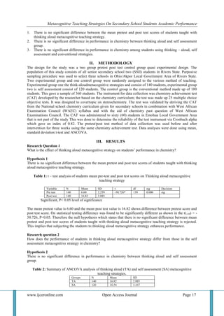 Metacognitive Teaching Strategies on Secondary School Students Academic ...