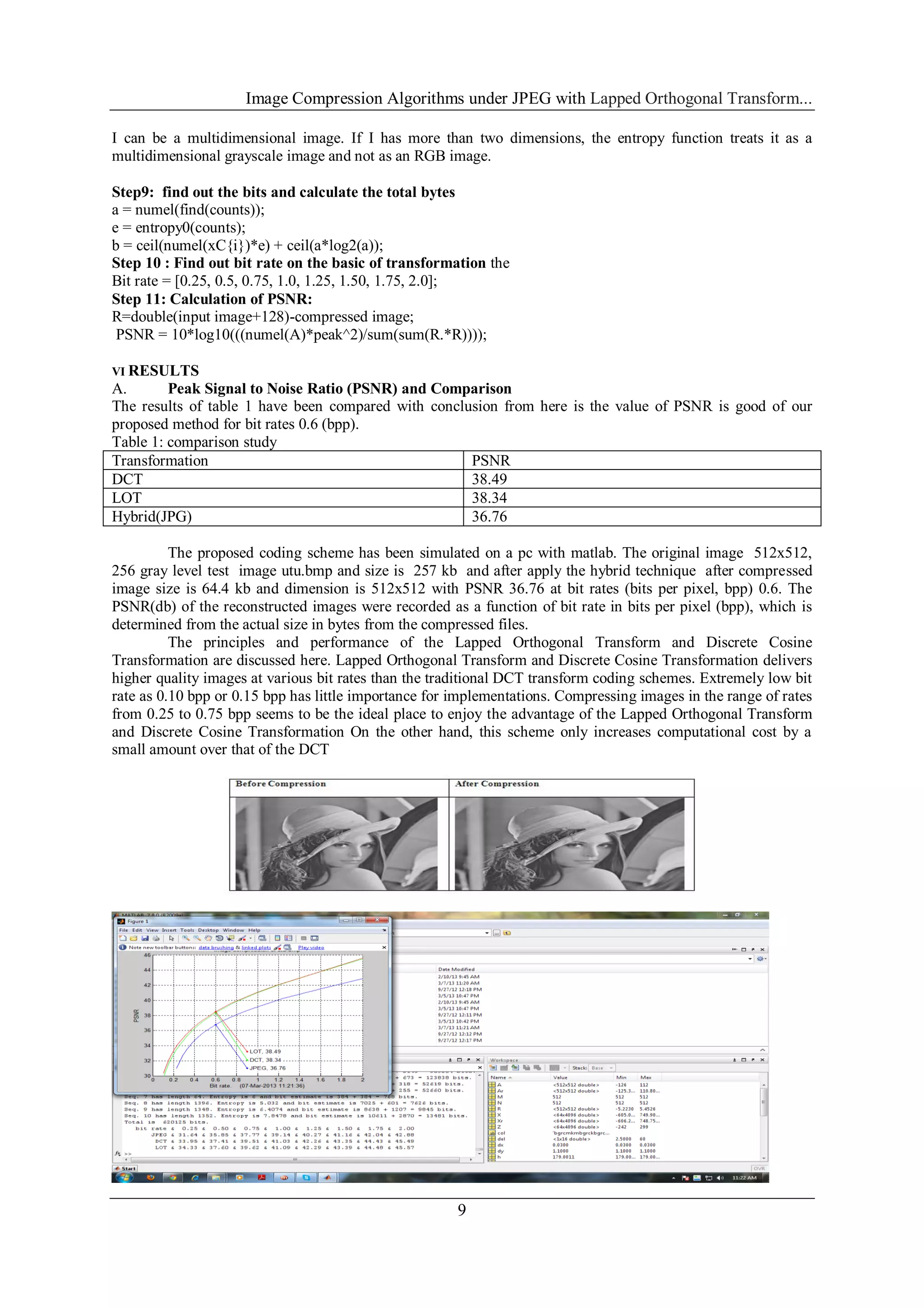 Image Compression Algorithms under JPEG with Lapped Orthogonal Transform...
9
I can be a multidimensional image. If I has more than two dimensions, the entropy function treats it as a
multidimensional grayscale image and not as an RGB image.
Step9: find out the bits and calculate the total bytes
a = numel(find(counts));
e = entropy0(counts);
b = ceil(numel(xC{i})*e) + ceil(a*log2(a));
Step 10 : Find out bit rate on the basic of transformation the
Bit rate = [0.25, 0.5, 0.75, 1.0, 1.25, 1.50, 1.75, 2.0];
Step 11: Calculation of PSNR:
R=double(input image+128)-compressed image;
PSNR = 10*log10(((numel(A)*peak^2)/sum(sum(R.*R))));
VI RESULTS
A. Peak Signal to Noise Ratio (PSNR) and Comparison
The results of table 1 have been compared with conclusion from here is the value of PSNR is good of our
proposed method for bit rates 0.6 (bpp).
Table 1: comparison study
Transformation PSNR
DCT 38.49
LOT 38.34
Hybrid(JPG) 36.76
The proposed coding scheme has been simulated on a pc with matlab. The original image 512x512,
256 gray level test image utu.bmp and size is 257 kb and after apply the hybrid technique after compressed
image size is 64.4 kb and dimension is 512x512 with PSNR 36.76 at bit rates (bits per pixel, bpp) 0.6. The
PSNR(db) of the reconstructed images were recorded as a function of bit rate in bits per pixel (bpp), which is
determined from the actual size in bytes from the compressed files.
The principles and performance of the Lapped Orthogonal Transform and Discrete Cosine
Transformation are discussed here. Lapped Orthogonal Transform and Discrete Cosine Transformation delivers
higher quality images at various bit rates than the traditional DCT transform coding schemes. Extremely low bit
rate as 0.10 bpp or 0.15 bpp has little importance for implementations. Compressing images in the range of rates
from 0.25 to 0.75 bpp seems to be the ideal place to enjoy the advantage of the Lapped Orthogonal Transform
and Discrete Cosine Transformation On the other hand, this scheme only increases computational cost by a
small amount over that of the DCT
 