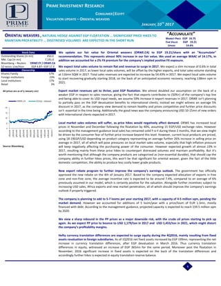 PRIME INVESTMENT RESEARCH
AUTOMOTIVE |EGYPT
GB AUTO – INITIATION OF COVERAGE
JANUARY, 14TH
2016
PRIME INVESTMENT RESEARCH
CONSUMER|EGYPT
VALUATION UPDATE – ORIENTAL WEAVERS
JANUARY,10TH
2017
We update our fair value for Oriental weavers (ORWE.CA) to EGP 19.21/share with an “Accumulate”
recommendation. This represents almost 90% increase in our fair value. We used an average WAAC of 14.17%, in
addition we accounted for a 2% FX premium for the company’s implied positive FX exposure.
We expect total sales volume to remain flat and revenue to surge in 2017. We expect a slim increase of 0.6% in total
sales volume in 2017, as lower local sales volumes, will be offset by the higher exports, and total sales volume standing
at 116mn SQM in 2017. Total sales revenues are expected to increase by 54.43% in 2017. We expect local sales volume
to start recovering gradually starting 2018, on the back of an anticipated economic recovery, reaching 138mn sqm in
2021.
Export market revenues yet to thrive, post EGP floatation. We almost doubled our assumption on the back of a
weaker EGP in respect to sales revenue, giving the fact that exports contributes to (50%+) of the company’s top line
and being able to cover its USD input needs, we assume 59% increase in export revenues in 2017. ORWE isn’t planning
to partially pass on the EGP devaluation benefits to international clients; instead we might witness an average 5%
discount in 2017, as the company view demand to remain healthy and prices competitive and further price discounts
isn’t essential in the time being. Additionally the good news was the company announcing USD 10-15mn of new orders
with International clients expected in 2017.
Local market sales volumes will suffer, as price hikes would negatively affect demand. ORWE has increased local
prices in November and December following the floatation by 40%, assuming 15 EGP/USD exchange rates. However
according to the management guidance local sales has remained solid Y-o-Y during these 2 months, that we view might
be driven by the consumer fear of further price increase beyond this level. However, current local products are priced,
using 18-19EGP/USD depending on product category representing on average further 26% increase in selling price on
average in 2017, all of which will pose pressures on local market sales volume, especially that high inflation pressure
will keep negatively affecting the purchasing power of the consumer. However expected growth of almost 23% in
2017, resulting mainly from these price hikes to counterpart distressed volumes and maintain profitability. But it’s
worth mentioning that although the company products are categorized as (non-essential durable), that should cap the
company ability in further hikes prices, this won’t be that significant for oriental weaver, given the fact of the little
domestic competition, the ability to produce less costly lower grade products.
New export rebate program to further improve the company’s earnings outlook. The government has officially
approved the new rebate on the 4th of January 2017. Based to the company expected allocation of exports in free
zone and non-free zone, the average incentive rate is expected to be around 7.4%, compared to an average of 6%
previously assumed in our model, which is certainly positive for the valuation. Alongside further incentives subject to
increasing USD sales, Africa exports and new market penetration, all of which should improve the company’s earnings
outlook if properly triggered.
The company is planning to add to 5-7 looms per year starting 2017, with a capacity of 4-5 million sqm, pending the
market demand. However we accounted for additions of 5 loom/year with a price/loom of EUR 1.3mn, mostly
financed with debt. According to the management guidance, projected capacity is expected to reach 159.5 million sqm
by 2020.
We view a sharp rebound in the PP prices as a major downside risk, with the crude oil prices starting to pick up
again. As we expect PP price to bounce to USD 1,179/ton in 2017 and USD 1,453/ton in 2021, which might distort
the company’s profitability margins.
Hefty currency translation differences are expected to surge equity during the 4Q2016, mainly resulting from fixed
assets revaluation in foreign subsidiaries. As of 1Q2016 net fixed assets increased by EGP 199mn, representing the net
increase in currency translation differences, after EGP devaluation in March 2016. Thus currency translation
differences in equity, witnessed an increase of EGP 365mn for the same period. Moreover post the floatation in
November, 2016 significant increase in fixed assets is expected on the back of the translation differences and
accordingly further hikes is expected in equity translation reserve balance.
ORIENTAL WEAVERS , NATURAL HEDGE AGAINST EGP FLOATATION … SIGNIFICANT PRICE HIKES TO
MAINTAIN PROFATBILITY … DISSTRESED VOLUMES ARE EXPECTED IN THE SHORT RUN
“ACCUMULATE”
MARKET PRICE EGP 16.75
FAIR VALUE EGP 19.21
UPSIDE 14.6%
Stock Data
Outstanding Shares [in mn] 450.0
Mkt. Cap [in mn] 7,191.0
Bloomberg – Reuters ORWE EY / ORWE.CA
52-WEEKS LOW/HIGH EGP 4.87– EGP 17.3
Ownership
Khamis Family 57%
Foreign institutions 23%
Local institutions 17%
Retail 3%
All prices are as of 9 January 2017
Source: Bloomberg
0
5
10
15
20
1/6/2016
2/6/2016
3/6/2016
4/6/2016
5/6/2016
6/6/2016
7/6/2016
8/6/2016
9/6/2016
10/6/2016
11/6/2016
12/6/2016
1/6/2017
ORWE.CA EGX30 - rebased
1
 