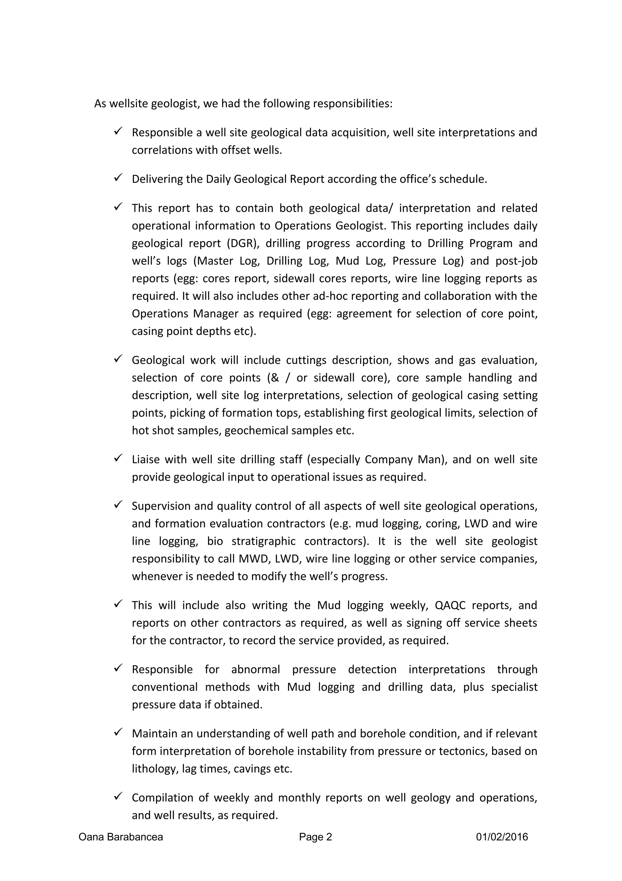 Daily Geological Report Example Oana Barabancea-CV | DOC