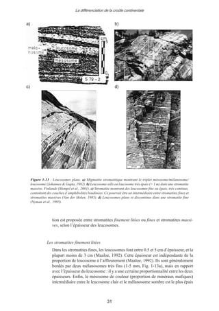 La différenciation de la croûte continentale
31
tion est proposée entre stromatites finement litées ou fines et stromatites massi-
ves, selon l’épaisseur des leucosomes.
Les stromatites finement litées
Dans les stromatites fines, les leucosomes font entre 0.5 et 5 cm d’épaisseur, et la
plupart moins de 3 cm (Maaloe, 1992). Cette épaisseur est indépendante de la
proportion de leucosome à l’affleurement (Maaloe, 1992). Ils sont généralement
bordés par deux mélanosomes très fins (1-5 mm, Fig. 1-13a), mais en rapport
avec l’épaisseur du leucosome : il y a une certaine proportionnalité entre les deux
épaisseurs. Enfin, le mésosome de couleur (proportion de minéraux mafiques)
intermédiaire entre le leucosome clair et le mélanosome sombre est le plus épais
a) b)
c) d)
Figure 1-13 : Leucosomes plans. a) Migmatite stromatitique montrant le triplet mésosome/mélanosome/
leucosome (Johannes & Gupta, 1982). b) Leucosome-sills ou leucosome très épais (> 1 m) dans une stromatite
massive, Finlande (Mengel et al., 2001). c) Stromatite montrant des leucosomes fins ou épais, très continus,
contentant des couches d’amphibolites boudinées. Ce pourrait être un intermédiaire entre stromatites fines et
stromatites massives (Van der Molen, 1985). d) Leucosomes plans et discontinus dans une stromatite fine
(Nyman et al., 1995).
 
