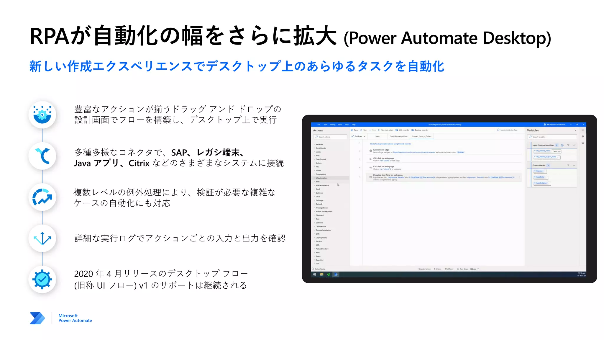 RPAが自動化の幅をさらに拡大 (Power Automate Desktop)
新しい作成エクスペリエンスでデスクトップ上のあらゆるタスクを自動化
多種多様なコネクタで、SAP、レガシ端末、
Java アプリ、Citrix などのさまざまなシステムに接続
豊富なアクションが揃うドラッグ アンド ドロップの
設計画面でフローを構築し、デスクトップ上で実行
詳細な実行ログでアクションごとの入力と出力を確認
2020 年 4 月リリースのデスクトップ フロー
(旧称 UI フロー) v1 のサポートは継続される
複数レベルの例外処理により、検証が必要な複雑な
ケースの自動化にも対応
 