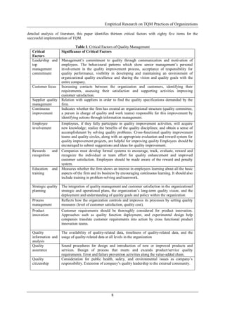 Empirical Research on TQM Practices of Organizations
8
detailed analysis of literature, this paper identifies thirteen critical factors with eighty five items for the
successful implementation of TQM.
Table I: Critical Factors of Quality Management
Critical
Factors
Significance of Critical Factors
Leadership and
top
management
commitment
Management’s commitment to quality through communication and motivation of
employees. The behavioural patterns which show senior management’s personal
involvement in the quality improvement process, acceptance of responsibility for
quality performance, visibility in developing and maintaining an environment of
organizational quality excellence and sharing the vision and quality goals with the
entire company.
Customer focus Increasing contacts between the organization and customers, identifying their
requirements, assessing their satisfaction and supporting activities improving
customer satisfaction.
Supplier quality
management
Relation with suppliers in order to find the quality specifications demanded by the
firm.
Continuous
improvement
Indicates whether the firm has created an organizational structure (quality committee,
a person in charge of quality and work teams) responsible for this improvement by
identifying actions through information management.
Employee
involvement
Employees, if they fully participate in quality improvement activities, will acquire
new knowledge; realize the benefits of the quality disciplines; and obtain a sense of
accomplishment by solving quality problems. Cross-functional quality improvement
teams and quality circles, along with an appropriate evaluation and reward system for
quality improvement projects, are helpful for improving quality Employees should be
encouraged to submit suggestions and ideas for quality improvement.
Rewards and
recognition
Companies must develop formal systems to encourage, track, evaluate, reward and
recognize the individual or team effort for quality enhancement and improved
customer satisfaction. Employees should be made aware of the reward and penalty
system.
Education and
training
Measures whether the firm shows an interest in employees learning about all the basic
aspects of the firm and its business by encouraging continuous learning. It should also
include training in problem-solving and teamwork.
Strategic quality
planning
The integration of quality management and customer satisfaction in the organizational
strategic and operational plans, the organization’s long-term quality vision, and the
deployment and understanding of quality goals and policy within the organization
Process
management
Reflects how the organization controls and improves its processes by setting quality
measures (level of customer satisfaction, quality cost).
Product
innovation
Customer requirements should be thoroughly considered for product innovation.
Approaches such as quality function deployment, and experimental design help
companies translate customer requirements into action by cross functional product
innovation teams.
Quality
information and
analysis
The availability of quality-related data, timeliness of quality-related data, and the
usage of quality-related data at all levels in the organization
Quality
assurance
Sound procedures for design and introduction of new or improved products and
services. Design of process that meets and exceeds product/service quality
requirements. Error and failure prevention activities along the value-added chain.
Quality
citizenship
Consideration for public health, safety, and environmental issues as company’s
responsibility. Extension of company’s quality leadership to the external community.
 