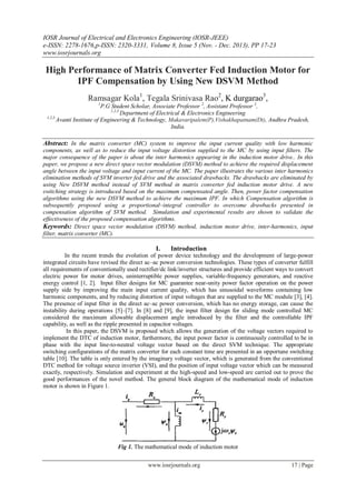 IOSR Journal of Electrical and Electronics Engineering (IOSR-JEEE)
e-ISSN: 2278-1676,p-ISSN: 2320-3331, Volume 8, Issue 5 (Nov. - Dec. 2013), PP 17-23
www.iosrjournals.org
www.iosrjournals.org 17 | Page
High Performance of Matrix Converter Fed Induction Motor for
IPF Compensation by Using New DSVM Method
Ramsagar Kola1
, Tegala Srinivasa Rao2
, K durgarao3
,
1
P.G Student Scholar, Associate Professor 2
, Assistant Professor 3
,
1,2,3
Department of Electrical & Electronics Engineering
1,2,3
Avanti Institute of Engineering & Technology, Makavaripalem(P),Vishakhapatnam(Dt), Andhra Pradesh,
India.
Abstract: In the matrix converter (MC) system to improve the input current quality with low harmonic
components, as well as to reduce the input voltage distortion supplied to the MC by using input filters. The
major consequence of the paper is about the inter harmonics appearing in the induction motor drive.. In this
paper, we propose a new direct space vector modulation (DSVM) method to achieve the required displacement
angle between the input voltage and input current of the MC. The paper illustrates the various inter harmonics
elimination methods of SVM inverter fed drive and the associated drawbacks. The drawbacks are eliminated by
using New DSVM method instead of SVM method in matrix converter fed induction motor drive. A new
switching strategy is introduced based on the maximum compensated angle. Then, power factor compensation
algorithms using the new DSVM method to achieve the maximum IPF. In which Compensation algorithm is
subsequently proposed using a proportional–integral controller to overcome drawbacks presented in
compensation algorithm of SVM method. Simulation and experimental results are shown to validate the
effectiveness of the proposed compensation algorithms.
Keywords: Direct space vector modulation (DSVM) method, induction motor drive, inter-harmonics, input
filter, matrix converter (MC).
I. Introduction
In the recent trends the evolution of power device technology and the development of large-power
integrated circuits have revised the direct ac–ac power conversion technologies. These types of converter fulfill
all requirements of conventionally used rectifier/dc link/inverter structures and provide efficient ways to convert
electric power for motor drives, uninterruptible power supplies, variable-frequency generators, and reactive
energy control [1, 2]. Input filter designs for MC guarantee near-unity power factor operation on the power
supply side by improving the main input current quality, which has sinusoidal waveforms containing low
harmonic components, and by reducing distortion of input voltages that are supplied to the MC module [3], [4].
The presence of input filter in the direct ac–ac power conversion, which has no energy storage, can cause the
instability during operations [5]–[7]. In [8] and [9], the input filter design for sliding mode controlled MC
considered the maximum allowable displacement angle introduced by the filter and the controllable IPF
capability, as well as the ripple presented in capacitor voltages.
In this paper, the DSVM is proposed which allows the generation of the voltage vectors required to
implement the DTC of induction motor, furthermore, the input power factor is continuously controlled to be in
phase with the input line-to-neutral voltage vector based on the direct SVM technique. The appropriate
switching configurations of the matrix converter for each constant time are presented in an opportune switching
table [10]. The table is only entered by the imaginary voltage vector, which is generated from the conventional
DTC method for voltage source inverter (VSI), and the position of input voltage vector which can be measured
exactly, respectively. Simulation and experiment at the high-speed and low-speed are carried out to prove the
good performances of the novel method. The general block diagram of the mathematical mode of induction
motor is shown in Figure 1.
Fig 1. The mathematical mode of induction motor
 