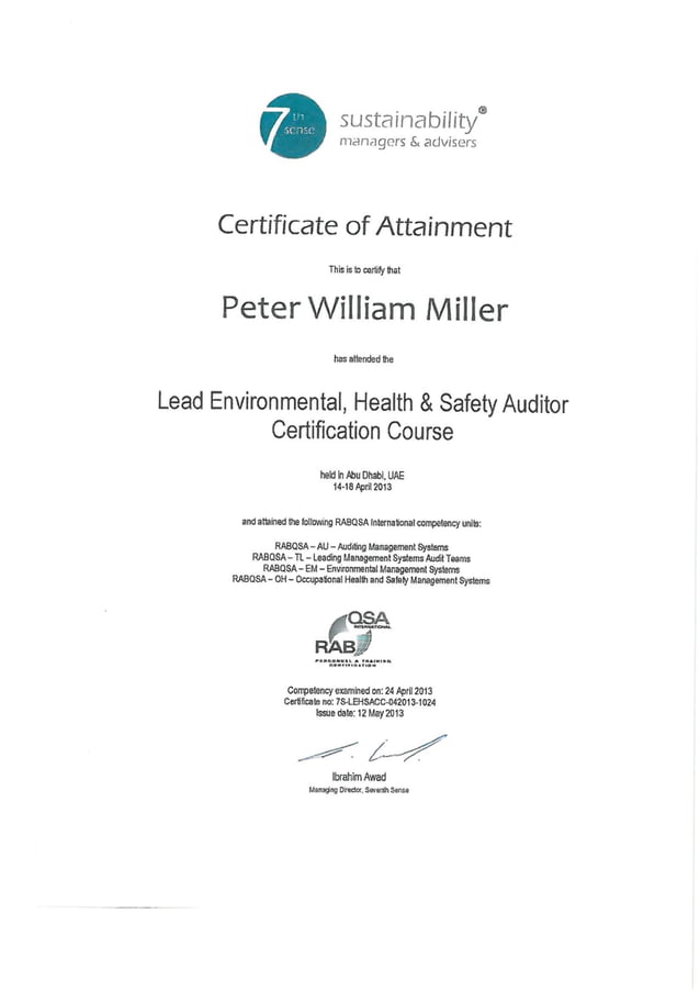 Lead Environment HEalth & Safety Auditor Certificate