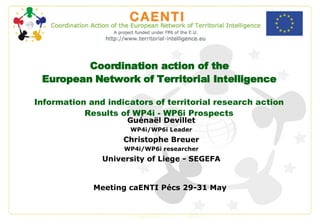 Coordination action of the European Network of Territorial Intelligence Information and indicators of territorial research action Results of WP4i - WP6i Prospects Guénaël Devillet WP4i/WP6i Leader Christophe Breuer WP4i/WP6i researcher University of Liege - SEGEFA Meeting caENTI Pécs 29-31 May 