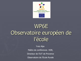 WP6E Observatoire européen de l’école Yves Alpe  Maître de conférences  HDR, Directeur de l’IUT de Provence Observatoire de l’Ecole Rurale 