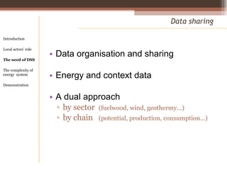 Data organisation and sharing Energy and context data A dual approach by sector  (fuelwood, wind, geothermy...) by chain  (potential, production, consumption…) Data sharing Introduction Local actors’ role  The need of DSS The complexity of energy  system Demonstration 