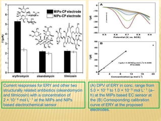 Current responses for ERY and other two
structurally related antibiotics (oleandomycin
and tilmicosin) with a concentration of
2 × 10− 6 mol L− 1 at the MIPs and NIPs
based electrochemical sensor
(A) DPV of ERY in conc. range from
5.0 × 10− 8 to 1.0 × 10− 5 mol L− 1 (a–
h) at the MIPs based EC sensor at
the (B) Corresponding calibration
curve of ERY at the proposed
electrodes.
 
