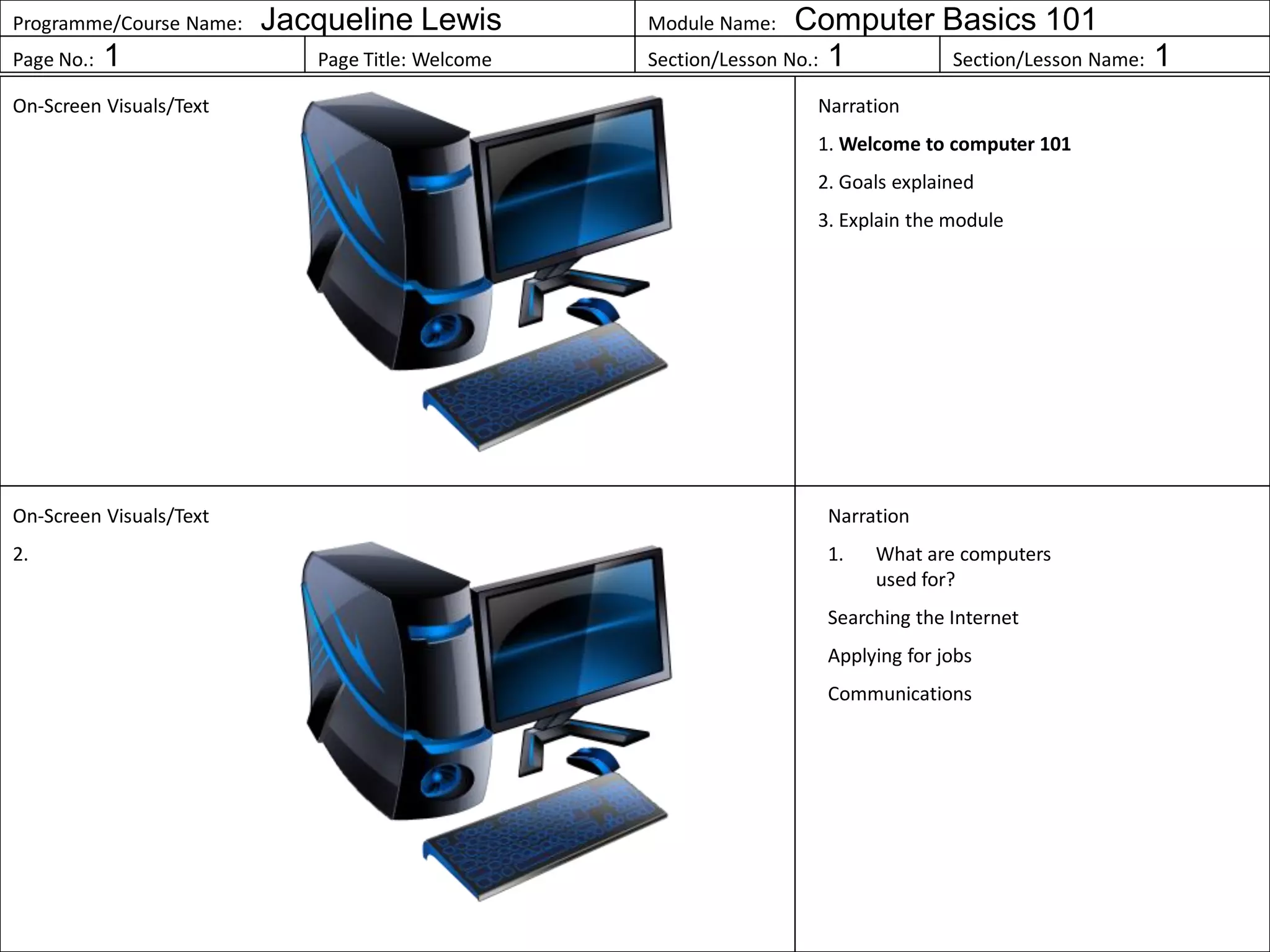Programme/Course Name: Jacqueline Lewis Module Name: Computer Basics 101
Page No.: 1 Page Title: Welcome Section/Lesson No.: 1 Section/Lesson Name: 1
On-Screen Visuals/Text Narration
1. Welcome to computer 101
2. Goals explained
3. Explain the module
On-Screen Visuals/Text
2.
Narration
1. What are computers
used for?
Searching the Internet
Applying for jobs
Communications
 