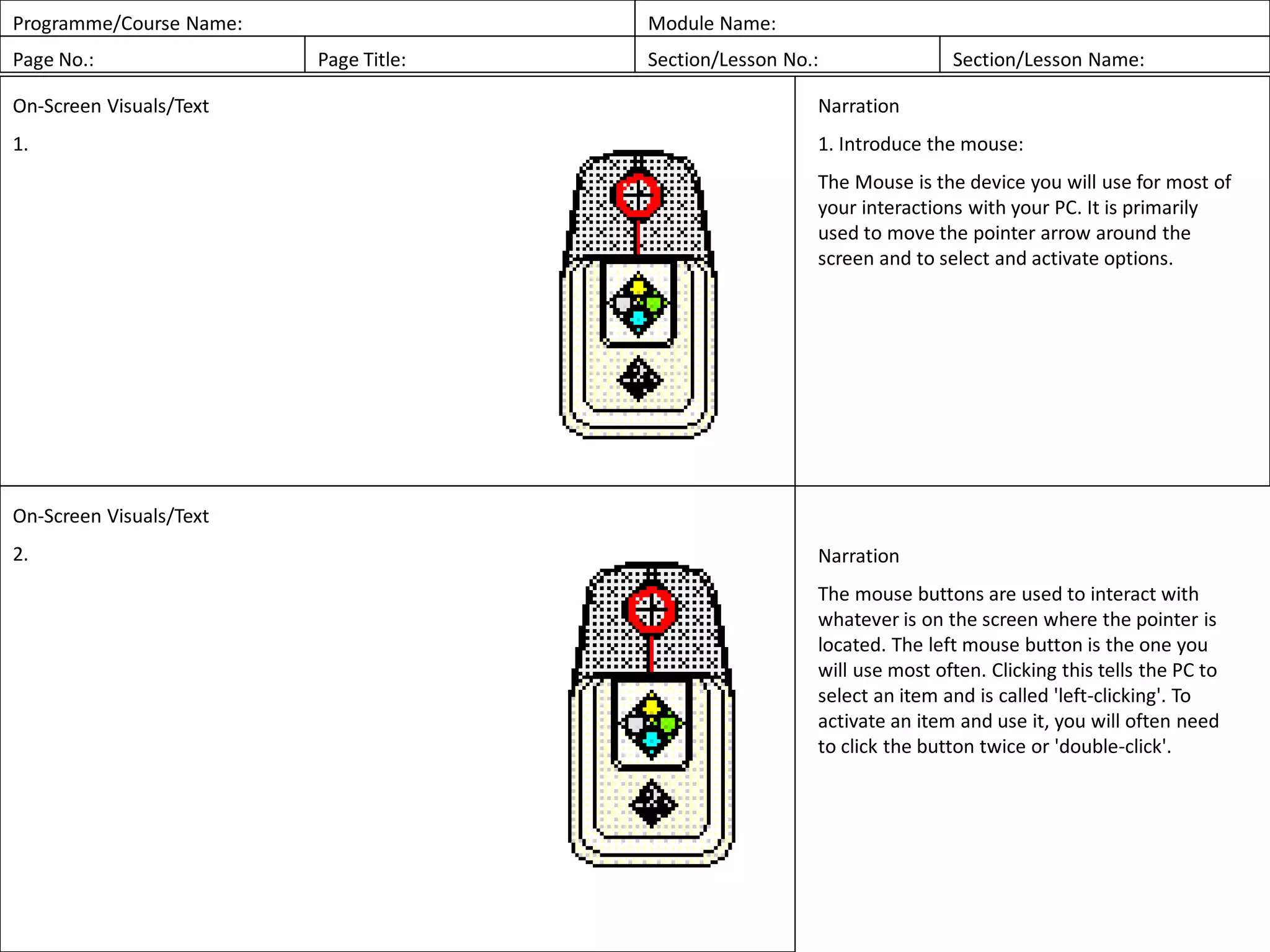 Programme/Course Name: Module Name:
Page No.: Page Title: Section/Lesson No.: Section/Lesson Name:
On-Screen Visuals/Text
1.
Narration
1. Introduce the mouse:
The Mouse is the device you will use for most of
your interactions with your PC. It is primarily
used to move the pointer arrow around the
screen and to select and activate options.
On-Screen Visuals/Text
2. Narration
The mouse buttons are used to interact with
whatever is on the screen where the pointer is
located. The left mouse button is the one you
will use most often. Clicking this tells the PC to
select an item and is called 'left-clicking'. To
activate an item and use it, you will often need
to click the button twice or 'double-click'.
 