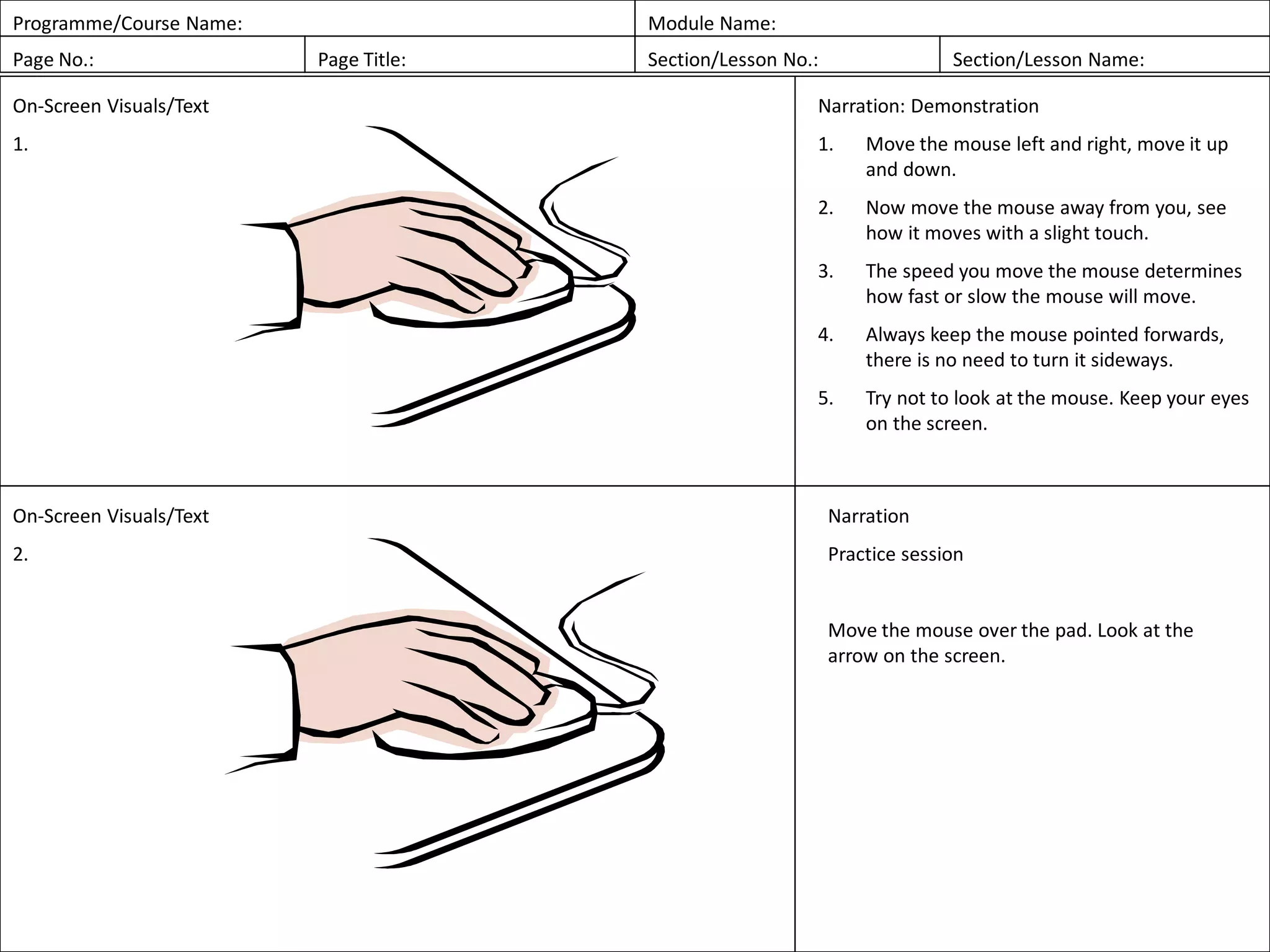 Programme/Course Name: Module Name:
Page No.: Page Title: Section/Lesson No.: Section/Lesson Name:
On-Screen Visuals/Text
1.
Narration: Demonstration
1. Move the mouse left and right, move it up
and down.
2. Now move the mouse away from you, see
how it moves with a slight touch.
3. The speed you move the mouse determines
how fast or slow the mouse will move.
4. Always keep the mouse pointed forwards,
there is no need to turn it sideways.
5. Try not to look at the mouse. Keep your eyes
on the screen.
On-Screen Visuals/Text
2.
Narration
Practice session
Move the mouse over the pad. Look at the
arrow on the screen.
 