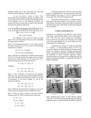 algorithm makes use of this observation and uses data
outside the block boundary, whenever desired.
A row of pixels is shown in Fig.5. One-
dimensional horizontal gradient operator is applied on the
row of pixels from P2 to P9 in order to find the edge pixels.
If the absolute value of the difference between two
consecutive pixels is greater than or equal to QP, then both
the pixels are marked as edge pixels.
Fig.5: Array of pixels
For example, in Fig.5, pixels P5 and P6 are edge
pixels. Now 1-D processing is done on pixels (excluding
the edge pixels) as follows.
Step1: For processing the pixels P2 to P4, pixels outside
the block boundary (P0 & P1) are used if the following
constraints are satisfied.
(a) | P1 – P2 | < (0.5QP)
(b) P1 lies in a smooth block.
Step 2: If the above conditions are satisfied, first the pixels
P2 to P4 are to be processed. Processing is done on pixels
starting from block boundary to the edge pixel. P2 is
processed using the pixels on the left side of it.
P2
'
= ( P0 + P1 + 2P2 ) / 4.
Similarly,
P3
'
= ( P1 + P2
'
+ 2P3 ) / 4,
P4
'
= ( P2
'
+ P3'
+ 2P4 ) / 4.
Step 3: If the constraints (a) and (b) are not satisfied,
filtering is done using the pixels within the block boundary
only. Three tap filter with coefficients (1/4)[1 2 1] is used
in processing. In the above example P3 and P4 are
processed as follows:
P3
'
= ( P2 + 2P3 + P4 ) / 4,
P4
'
= ( P3
'
+ 2P4 + P5 ) / 4.
Step 4: When the pixels between two edges in a row are to
be processed, processing is done as explained in step 3.
Step 5: When no edge is found in the row of pixels,
boundary pixels P1 and P2 are processed as following.
d = ( P1 – P2 )
if ( | d | < 2QP ) {
P1
'
= P1 – d/4
P2
'
= P2 + d/4 }.
Processing of pixels P7, P8 & P9 is done in similar
manner as explained above. Here, processing is done from
block boundary to the edge i.e., P9 to P7 using the pixels
on the right side of the pixel being processed.
Each block characterized as a complex block is
processed in the above manner. First each row and then
each column of the block is processed. Both the luminance
and chrominance data of the frame are processed using the
above procedure.
3. SIMULATION RESULTS
Simulations are performed using MPEG-4 simple profile
video codec with fixed QP. Motion vector search range is
[-16, 15.5] with four motion vectors per macroblock.
Various QCIF test sequences with 15Hz frame rate coded
at bit rates approximately 10, 24 and 48 Kbps are used.
Each sequence is of 300 frames.
Simulations are carried out using the thresholds
T1 = 10 and T2 = 5. Nine tap filter (1/16)[1 1 2 2 4 2 2 1 1]
is used for filtering of block boundaries between smooth
blocks. For subjective measure of quality, postprocessed
frames using proposed algorithm and MPEG-4 algorithm
are presented in Fig.6. Proposed algorithm reduces
blocking artifacts and ringing noise substantially and the
result of proposed algorithm is comparable with that of
MPEG-4 algorithm.
Fig.6: Postprocessing results of Hall Monitor (QCIF,
15Hz, QP = 25) 45th
frame (a) Original frame (b) Without
postprocessing (c) Proposed filtering (d) MPEG-4 filtering
 