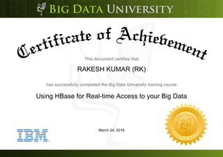 RAKESH KUMAR (RK)
Using HBase for Real-time Access to your Big Data
March 24, 2016
 