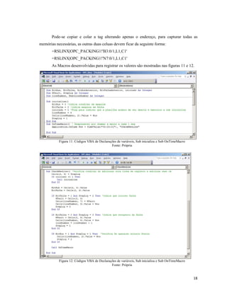 18
Pode-se copiar e colar a tag alterando apenas o endereço, para capturar todas as
memórias necessárias, as outras duas celuas devem ficar da seguinte forma:
=RSLINX|OPC_PACKING1!'B3:0/1,L1,C1'
=RSLINX|OPC_PACKING1!'N7:0/1,L1,C1'
As Macros desenvolvidas para registrar os valores são mostradas nas figuras 11 e 12.
Figura 11: Códigos VBA de Declarações de variáveis, Sub inicializa e Sub OnTimeMacro
Fonte: Própria
Figura 12: Códigos VBA de Declarações de variáveis, Sub inicializa e Sub OnTimeMacro
Fonte: Própria
 