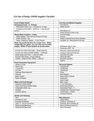 Get Out of Dodge GOOD Supplies Checklist
Food & Water Needs First Aid and Medical Supplies
Emergency Food - 3 - 10 Days First Aid Kit
Wise 56/60 Grab n Go - 3 People for 10 days Blister Cream
Emergency Food Bars - 2,400 cal - 1 per day per
person N95 Masks (2)
Exam Gloves (4 Pair to Fit)
Ready Water Supplies - 3 days Ace Bandages
Water Bottles - One Liter per Person Per Day Gauze
Water Packets - 4oz Spare Contacts/Perscription Glasses
Water Treatment Tablets – 12 per Person Lip Balm (2) - Recommend Carmax
Water Access/Purification for Longer Term - Water
weighs 8lbs per gallon, you can only haul an initial
supply. Better to have systems to access water. Petroleum Jelly (1 Jar)
Sunscreen SPF - 45
Frontier Pro Filter Ultra Light - 50 gal capacity Warmers, Hand and Feet (2)
Frontier Pro Water Heater Adapter - 55/80 gal Coolers, Hand and Feet (2)
Water Bottle with Filter - 1 liter/230 refills Ibuprofen (50 pills)
Frontier Filter Straw - 20 gal capacity Aleve (50 pills)
Tablets: Water Purifier 12/pak - 1 liter ea Benadryl (20 pills)
EpiPen
Food Preparation Equipment
Stove in a Can Personal Hygiene
Stove Fuel Comb/Brush
1 Quart Pot Toothpaste
Fry Pan Toothbrush
Stainless Steel Mess Kit Floss
Utensils Nail Clippers
Basic Spices Soap (solid or liquid)
Bottle of Bleach Washcloth
Hand Towel
Water and Food Storage Bath Towel
Aluminum Water Bottle 1-3 oz Shampoo
Clear Hard Plastic Water Bottle Antibacterial Wash
Collapsible Water Jug Disposable Razor - 5
Canteen Sample Size Shaving Cream
Canteen Sleeve Toilet Paper - 4 Rolls
Femine Products
Shelter and Sleeping
Tent Miscellaneous
Emergency Tent Signal Mirror
Emergency Blanket Carbiner, Climbing (3)
Tarp – 2 10x12 ft minimum Carbiner, Non Climbing (4)
Sleeping Bag/Blankets Deck of Playing Cards (2)
Sleeping Pad/Bed Roll Roll of Quarters
 