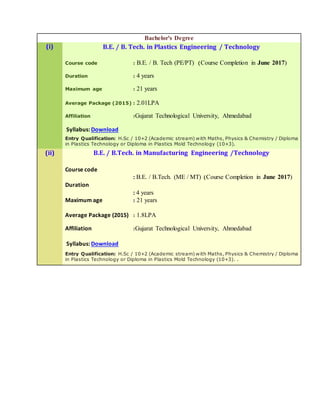 Bachelor's Degree
(i) B.E. / B. Tech. in Plastics Engineering / Technology
Course code : B.E. / B. Tech (PE/PT) (Course Completion in June 2017)
Duration : 4 years
Maximum age : 21 years
Average Package (2015) : 2.01LPA
Affiliation :Gujarat Technological University, Ahmedabad
Syllabus: Download
Entry Qualification: H.Sc / 10+2 (Academic stream) with Maths, Physics & Chemistry / Diploma
in Plastics Technology or Diploma in Plastics Mold Technology (10+3).
(ii) B.E. / B.Tech. in Manufacturing Engineering /Technology
Course code
: B.E. / B.Tech. (ME / MT) (Course Completion in June 2017)
Duration
: 4 years
Maximum age : 21 years
Average Package (2015) : 1.8LPA
Affiliation :Gujarat Technological University, Ahmedabad
Syllabus: Download
Entry Qualification: H.Sc / 10+2 (Academic stream) with Maths, Physics & Chemistry / Diploma
in Plastics Technology or Diploma in Plastics Mold Technology (10+3). .
 