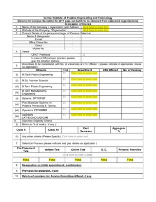 Central Institute of Plastics Engineering and Technology
(Details for Campus Selection for 2017 pass out batch to be obtained from esteemed organizations)
Expression of Interest
1. Name of the Company / organization with Address Click here to enter text.
2. Website of the Company / Organisation Click here to enter text.
3. Contact Details of the person-in-charge of Campus Selection
Name & Designation :
E-mail :
Office Phone No. :
Direct :
Mobile No. :
4. Venue
CIPET Premises ☐
In case of Off-campus process, please
give the detailed address
5.
Disciplines to be Considered with No. of Vacancies & CTC Offered ( please indicate in appropriate boxes
as applicable)
Streams Tick Department CTC Offered No. of Vacancy
(i) M.Tech Plastic Engineering
☐ Click here to enter text.
(ii) M.Sc Polymer Science
☐ Click here to enter text.
(iii) B.Tech Plastic Engineering
☐ Click here to enter text.
(iv)
B.Tech Manufacturing
Engineering
☐ Click here to enter text.
(v) Diploma: DPT/DPMT
☐ Click here to enter text.
(vi)
Post-Graduate Diploma in
Plastics Processing & Testing
☐ Click here to enter text.
(vii) Operators PPO/IMMO ☐ Click here to enter text.
(viii)
Operators
LATHE/CNC/CAD/CAM
☐ Click here to enter text.
6. Specified Eligibility Criteria
(i) Minimum % of marks ( if any ) :
Class X Class XII
Each
Semester
Aggregate
%
(ii) Any other criteria (Please Specify): Click here to enter text.
7. Selection Process( please indicate and give details as applicable )
Pre-Placement
Talk
Written Test Online Test G. D. Personal Interview
Click here to enter a date.
Time Time Time Time Time
8. Designation on initial appointment / confirmation
9. Provision for probation, if any
10. Details of provision for Service Commitment/Bond, if any
 