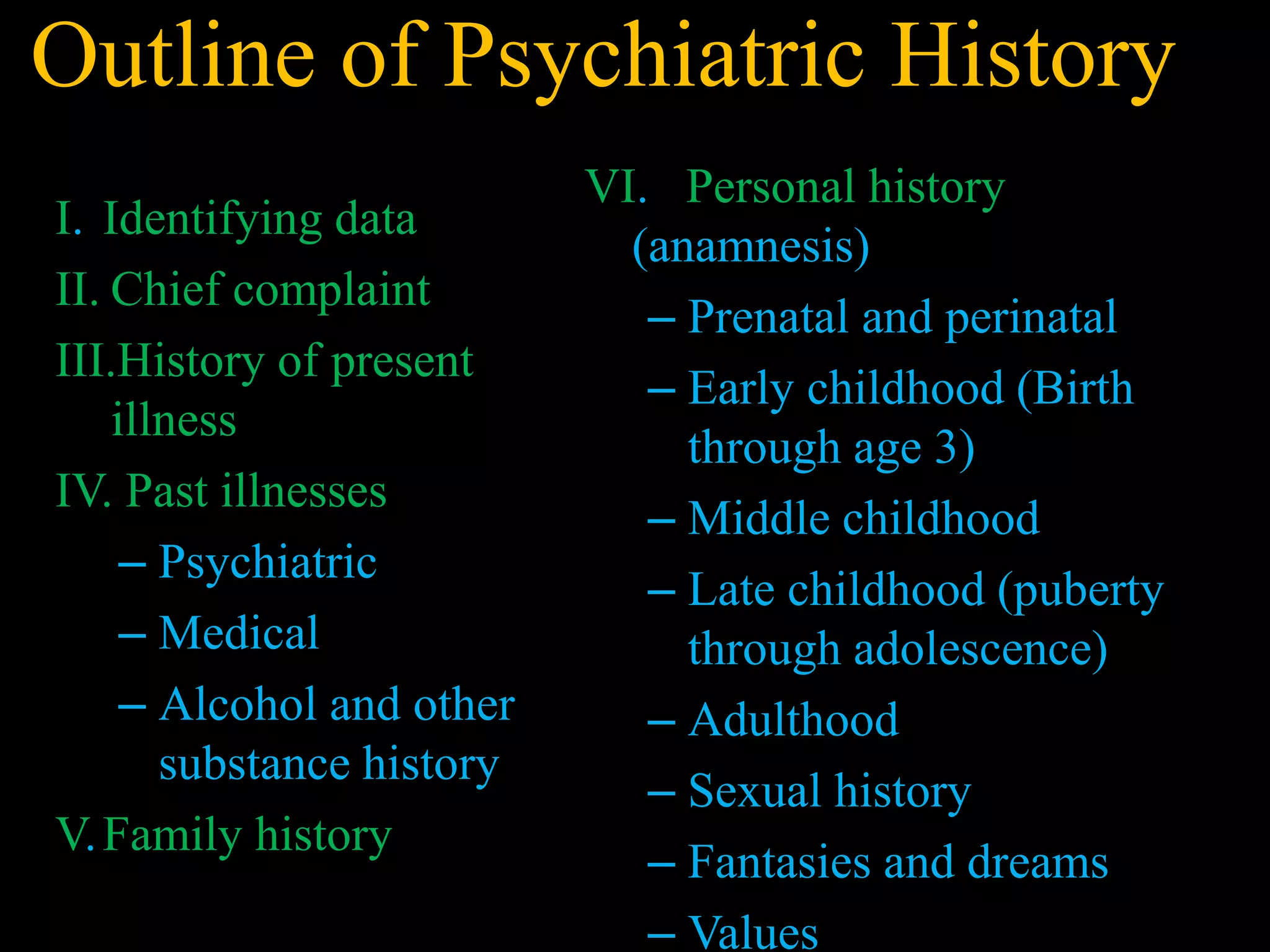 Outline of Psychiatric History
I. Identifying data
II. Chief complaint
III.History of present
illness
IV. Past illnesses
– Psychiatric
– Medical
– Alcohol and other
substance history
V.Family history
VI. Personal history
(anamnesis)
– Prenatal and perinatal
– Early childhood (Birth
through age 3)
– Middle childhood
– Late childhood (puberty
through adolescence)
– Adulthood
– Sexual history
– Fantasies and dreams
– Values
 