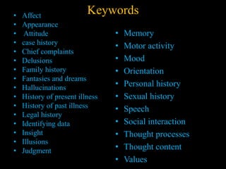 Keywords• Affect
• Appearance
• Attitude
• case history
• Chief complaints
• Delusions
• Family history
• Fantasies and dreams
• Hallucinations
• History of present illness
• History of past illness
• Legal history
• Identifying data
• Insight
• Illusions
• Judgment
• Memory
• Motor activity
• Mood
• Orientation
• Personal history
• Sexual history
• Speech
• Social interaction
• Thought processes
• Thought content
• Values
 