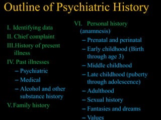 Outline of Psychiatric History
I. Identifying data
II. Chief complaint
III.History of present
illness
IV. Past illnesses
– Psychiatric
– Medical
– Alcohol and other
substance history
V.Family history
VI. Personal history
(anamnesis)
– Prenatal and perinatal
– Early childhood (Birth
through age 3)
– Middle childhood
– Late childhood (puberty
through adolescence)
– Adulthood
– Sexual history
– Fantasies and dreams
– Values
 