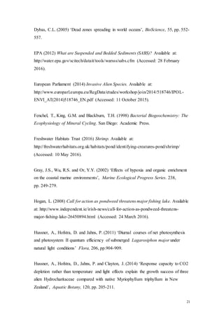 21
Dybas, C.L. (2005) ‘Dead zones spreading in world oceans’, BioScience, 55, pp. 552-
557.
EPA (2012) What are Suspended and Bedded Sediments (SABS)? Available at:
http://water.epa.gov/scitech/datait/tools/warsss/sabs.cfm (Accessed: 28 February
2016).
European Parliament (2014) Invasive Alien Species. Available at:
http://www.europarl.europa.eu/RegData/etudes/workshop/join/2014/518746/IPOL-
ENVI_AT(2014)518746_EN.pdf (Accessed: 11 October 2015).
Fenchel, T., King, G.M. and Blackburn, T.H. (1998) Bacterial Biogeochemistry: The
Ecophysiology of Mineral Cycling. San Diego: Academic Press.
Freshwater Habitats Trust (2016) Shrimp. Available at:
http://freshwaterhabitats.org.uk/habitats/pond/identifying-creatures-pond/shrimp/
(Accessed: 10 May 2016).
Gray, J.S., Wu, R.S. and Or, Y.Y. (2002) ‘Effects of hypoxia and organic enrichment
on the coastal marine environments’, Marine Ecological Progress Series. 238,
pp. 249-279.
Hogan, L. (2008) Call for action as pondweed threatens major fishing lake. Available
at: http://www.independent.ie/irish-news/call-for-action-as-pondweed-threatens-
major-fishing-lake-26450894.html (Accessed: 24 March 2016).
Hussner, A., Hofstra, D. and Jahns, P. (2011) ‘Diurnal courses of net photosynthesis
and photosystem II quantum efficiency of submerged Lagarosiphon major under
natural light conditions’ Flora, 206, pp.904-909.
Hussner, A., Hofstra, D., Jahns, P. and Clayton, J. (2014) ‘Response capacity to CO2
depletion rather than temperature and light effects explain the growth success of three
alien Hydrocharitaceae compared with native Myriophyllum triphyllum in New
Zealand’, Aquatic Botany, 120, pp. 205-211.
 