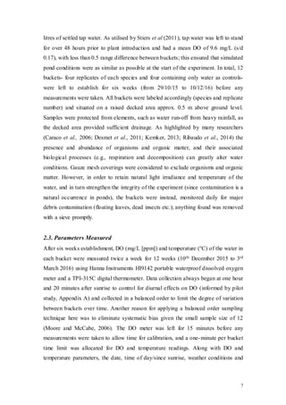 7
litres of settled tap water. As utilised by Stiers et al (2011), tap water was left to stand
for over 48 hours prior to plant introduction and had a mean DO of 9.6 mg/L (s/d
0.17), with less than 0.5 range difference between buckets; this ensured that simulated
pond conditions were as similar as possible at the start of the experiment. In total, 12
buckets- four replicates of each species and four containing only water as controls-
were left to establish for six weeks (from 29/10/15 to 10/12/16) before any
measurements were taken. All buckets were labeled accordingly (species and replicate
number) and situated on a raised decked area approx. 0.5 m above ground level.
Samples were protected from elements, such as water run-off from heavy rainfall, as
the decked area provided sufficient drainage. As highlighted by many researchers
(Caraco et al., 2006; Desmet et al., 2011; Kemker, 2013; Ribaudo et al., 2014) the
presence and abundance of organisms and organic matter, and their associated
biological processes (e.g., respiration and decomposition) can greatly alter water
conditions. Gauze mesh coverings were considered to exclude organisms and organic
matter. However, in order to retain natural light irradiance and temperature of the
water, and in turn strengthen the integrity of the experiment (since contamination is a
natural occurrence in ponds), the buckets were instead, monitored daily for major
debris contamination (floating leaves, dead insects etc.); anything found was removed
with a sieve promptly.
2.3. Parameters Measured
After six weeks establishment, DO (mg/L [ppm]) and temperature (°C) of the water in
each bucket were measured twice a week for 12 weeks (10th December 2015 to 3rd
March 2016) using Hanna Instruments HI9142 portable waterproof dissolved oxygen
meter and a TPI-315C digital thermometer. Data collection always began at one hour
and 20 minutes after sunrise to control for diurnal effects on DO (informed by pilot
study, Appendix A) and collected in a balanced order to limit the degree of variation
between buckets over time. Another reason for applying a balanced order sampling
technique here was to eliminate systematic bias given the small sample size of 12
(Moore and McCabe, 2006). The DO meter was left for 15 minutes before any
measurements were taken to allow time for calibration, and a one-minute per bucket
time limit was allocated for DO and temperature readings. Along with DO and
temperature parameters, the date, time of day/since sunrise, weather conditions and
 