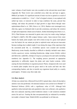 8
water volumes of each bucket were also recorded on the relevant data record sheet
(Appendix B). Water levels were controlled every other day and kept at approx.
8000cm3 per bucket. If a significant amount of water was lost or gained as a result of
condensation or rainfall (i.e. +>5cm3 ->5cm3 of original volume), it was replaced with
settled tap water, or removed in order to keep conditions the same, prevent bias
readings, and reduce the potential of algal growth or algae bloom through water
replenishment (Paerl et al., 2001; Stiers et al., 2011). Buckets were rearranged every
other day, again, in a balanced order to provide consistency, and reduce the variation
of light and temperature climate across buckets, further diminishing bias (Stiers et al.,
2011). Plant biomass was measured in grams once every two weeks using Analogue
& Digital’s (A&D’s) EK-300i compact balance scales. Upon removal from water
buckets (by hand), plant samples were left to drain on top of a gauze mesh (placed
over the bucket) for one minute per plant to replenish water and prevent inaccurate
biomass readings due to added weight. It was during this stage of the experiment that
the associated pond life, i.e. invertebrate species were counted and recorded.
Biodiversity (some broadly classified as difficult to identify) included water slaters
(Asellus aquaticus), worms- including bloodworms, sludge worms (Tubifex tubifex)
and flatworms- caddisflies, shrimps (Crangonyx pseudogracilis) and snails (including
ramshorn) (see Appendix C). The weighing process presented an appropriate
opportunity to sufficiently inspect the plants and water bucket contents, whilst
causing the least disturbance to organisms present. Plastic, transparent tubs were used
to transfer plant samples from the gauze mesh to the scales and back into their
corresponding buckets, and also to transfer any organisms found safely to a nearby
pond (approx. 10 meters away from study site).
2.4. Data Analysis
All data was entered into a Microsoft Excel (2011) spread sheet, where all descriptive
statistics were also performed. All statistical analyses were carried out in Minitab® 17
Statistical Software (2010) with a significance value of 0.05. Although both
qualitative (observational) data and quantitative data were collected, only qualitative
data were analysed, reporting central tendencies (means ±) and variations (standard
errors) for each set. Treating the data non-parametrically (as indicated by normality
test results) a General Linear Model (GLM) was performed on all data sets.
 