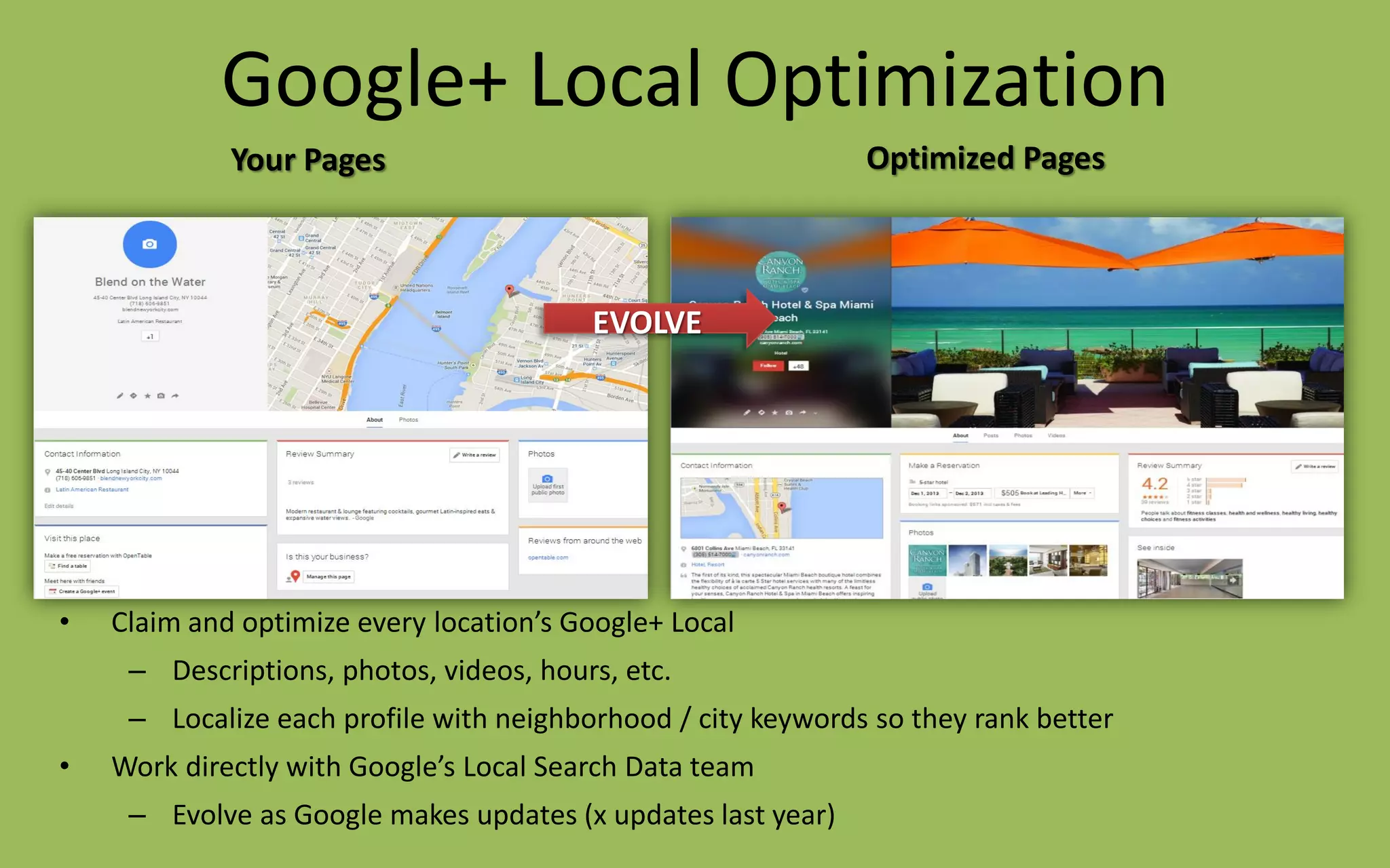 Google+ Local Optimization
• Claim and optimize every location’s Google+ Local
– Descriptions, photos, videos, hours, etc.
– Localize each profile with neighborhood / city keywords so they rank better
• Work directly with Google’s Local Search Data team
– Evolve as Google makes updates (x updates last year)
Your Pages Optimized Pages
EVOLVE
 