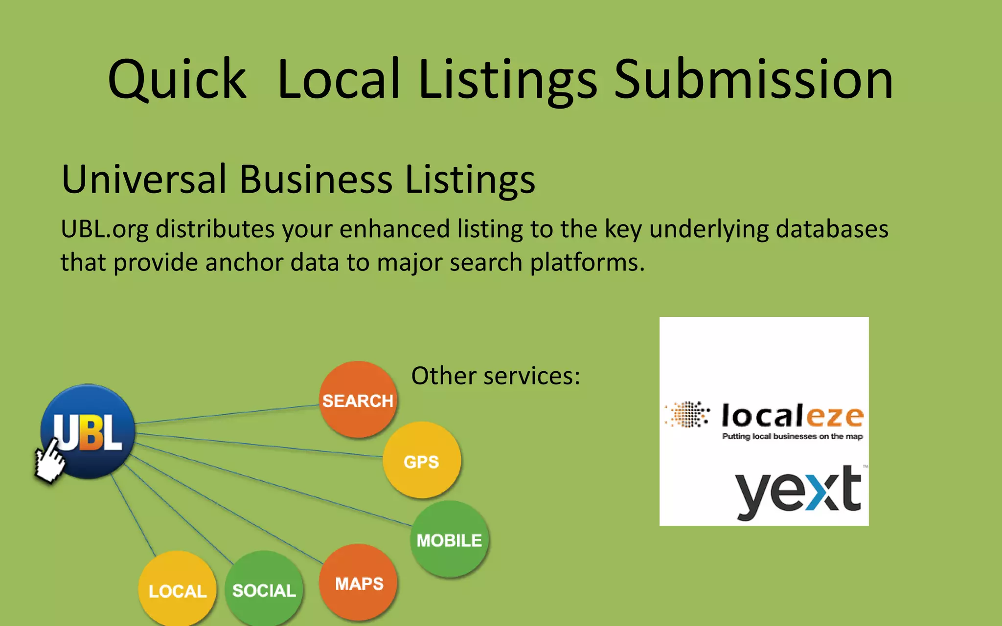 Quick Local Listings Submission
Universal Business Listings
UBL.org distributes your enhanced listing to the key underlying databases
that provide anchor data to major search platforms.
Other services:
 