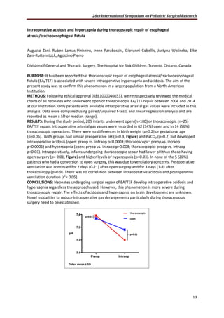 28th International Symposium on Pediatric Surgical Research
13
Intraoperative acidosis and hypercapnia during thoracoscopic repair of esophageal
atresia/tracheoesophageal fistula
Augusto Zani, Ruben Lamas-Pinheiro, Irene Paraboschi, Giovanni Cobellis, Justyna Wolinska, Elke
Zani-Ruttenstock, Agostino Pierro
Division of General and Thoracic Surgery, The Hospital for Sick Children, Toronto, Ontario, Canada
PURPOSE: It has been reported that thoracoscopic repair of esophageal atresia/tracheoesophageal
fistula (EA/TEF) is associated with severe intraoperative hypercapnia and acidosis. The aim of the
present study was to confirm this phenomenon in a larger population from a North-American
Institution.
METHODS: Following ethical approval (REB1000046653), we retrospectively reviewed the medical
charts of all neonates who underwent open or thoracoscopic EA/TEF repair between 2004 and 2014
at our Institution. Only patients with available intraoperative arterial gas values were included in this
analysis. Data were compared using paired/unpaired t-tests and linear regression analysis and are
reported as mean ± SD or median (range).
RESULTS: During the study period, 205 infants underwent open (n=180) or thoracoscopic (n=25)
EA/TEF repair. Intraoperative arterial gas values were recorded in 62 (34%) open and in 14 (56%)
thoracoscopic operations. There were no differences in birth weight (p=0.2) or gestational age
(p=0.06). Both groups had similar preoperative pH (p=0.3, Figure) and PaCO2 (p=0.2) but developed
intraoperative acidosis (open: preop vs. intraop p<0.0003; thoracoscopic: preop vs. intraop
p<0.0001) and hypercapnia (open: preop vs. intraop p=0.008; thoracoscopic: preop vs. intraop
p=0.03). Intraoperatively, infants undergoing thoracoscopic repair had lower pH than those having
open surgery (p= 0.01, Figure) and higher levels of hypercapnia (p=0.03). In none of the 5 (20%)
patients who had a conversion to open surgery, this was due to ventilatory concerns. Postoperative
ventilation was continued for 2 days (0-21) after open surgery and for 3 days (1-8) after
thoracoscopy (p=0.9). There was no correlation between intraoperative acidosis and postoperative
ventilation duration (r2
= 0.05).
CONCLUSIONS: Neonates undergoing surgical repair of EA/TEF develop intraoperative acidosis and
hypercapnia regardless the approach used. However, this phenomenon is more severe during
thoracoscopic repair. The effects of acidosis and hypercapnia on brain development are unknown.
Novel modalities to reduce intraoperative gas derangements particularly during thoracoscopic
surgery need to be established.
 
