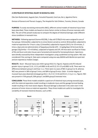 28th International Symposium on Pediatric Surgical Research
91
A SPECTRUM OF INTESTINAL INJURY IN NEONATAL MICE
Elke Zani-Ruttenstock, Augusto Zani, Forouhid Peyvandi, Carol Lee, Bo Li, Agostino Pierro
Division of General and Thoracic Surgery, The Hospital for Sick Children, Toronto, Ontario, Canada
PURPOSE: To study necrotizing enterocolitis (NEC), different animal models of intestinal injury have
been described. These models are based on stress factors similar to those of human neonates with
NEC. The aim of the present study was to compare the degree of intestinal damage under different
stress conditions in neonatal mice.
METHODS: Following approval (license #32238), 5-day-old C57BL/6 mice were assigned to one of
four groups: A) breastfed, subjected to no stress factors served as control; B) breastfed, subjected to
maternal separation for 3 hours a day; C) breastfed, subjected to hypoxia (5% O2 for 10 minutes, 3
times a day) and oral administration of lipopolysaccharide (LPS – 4 mg/kg/day); D) formula fed by
gavage (15g Similac + 75 ml Esbilac), subjected to hypoxia and LPS. All mice were sacrificed at 9 days
of life and ileum and colon tissues were harvested and stained for hematoxylin/eosin. Specimens
were blindly assessed by three independent investigators using a published scoring system. NEC was
considered if the scoring ≥2. Data were compared using one-way ANOVA with Bonferroni post-test
and are reported as median (range).
RESULTS: Ileum - Mucosal injury was mild in group B (0, 0-1; Figure). Hypoxia and LPS induced
greater injury in group C (1.6, 1-2.5; p<0.0001 to B) and D (2, 0.5-3.5 p<0.0001 to B). There were no
differences between group C and D (p= n.s.). There were no cases of NEC in group A or B, whereas
NEC was present in 36% of group C mice, and 68% of group D mice. Colon - A similar degree of
mucosal injury was observed among group B (2, 1-3), C (1.7, 0-3) and D (1.5, 1-3; p= n.s.; Figure). NEC
was present in 75% group B, 50% group C and 86% group D neonatal mice.
CONCLUSION: These three models establish a spectrum of intestinal injury among neonatal pups,
with the maternal separation model resulting in moderate injury and the gavage formula feeding
model resulting in the most severe degree. Mucosal damage is observed in the colon even in the
presence of minor stress as maternal separation. These three models are useful to investigate the
variability of neonatal intestinal diseases, such as NEC.
 