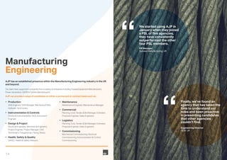 14
Manufacturing
Engineering
AJP has an established presence within the Manufacturing Engineering industry in the UK
and beyond.
Our team have supported companies from a variety of industries including Subsea Equipment Manufacturers,
Power Generation, OEDM & Turbine Manufacturers.
AJP can provide a range of candidates on either a permanent or contract basis such as;
•	 Production
	 Shift Engineer, Shift Manager, Mechanical Fitter,
Hydraulic Technicians
•	 Instrumentation & Controls
	 Control & Instrumentation Tech, Instrument
Engineer
•	 Design & Project
	 Electrical Engineers, Mechanical Engineers,
Project Engineer, Project Manager, CAD
Technicians, Draughtsman, Piping, Stress
•	 Health, Safety & Quality
	 QA/QC, Health & Safety, Advisors
•	Maintenance
	 Maintenance Engineer, Maintenance Manager
•	 Commercial
	 Planning, Cost, Tender & Bid Manager, Estimator,
Proposal Engineer, Sales Engineers
•	 Logistics
	 Planning, Cost, Tender & Bid Manager, Estimator,
Proposal Engineer, Sales Engineers
•	 Commissioning
	 Mechanical Commissioning, Electrical
Commissioning, Instrumentation & Control
Commissioning
We started using AJP in
January when they joined
a PSL of five agencies,
they have consistently
outperformed the other
four PSL members.
HR Manager
Subsea Manufacturing, UK
Finally, we’ve found an
agency that has taken the
time to understand our
roles and been proactive
in presenting candidates
that other agencies
couldn’t find.
Engineering Director
OEM, UK
 