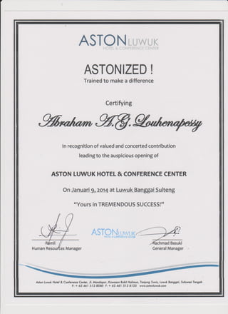 Preopening Certificate ASTON Luwuk HCC