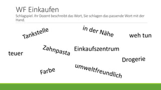 WF Einkaufen
Schlagspiel. Ihr Dozent beschreibt das Wort, Sie schlagen das passende Wort mit der
Hand.
Einkaufszentrum
teuer
weh tun
 