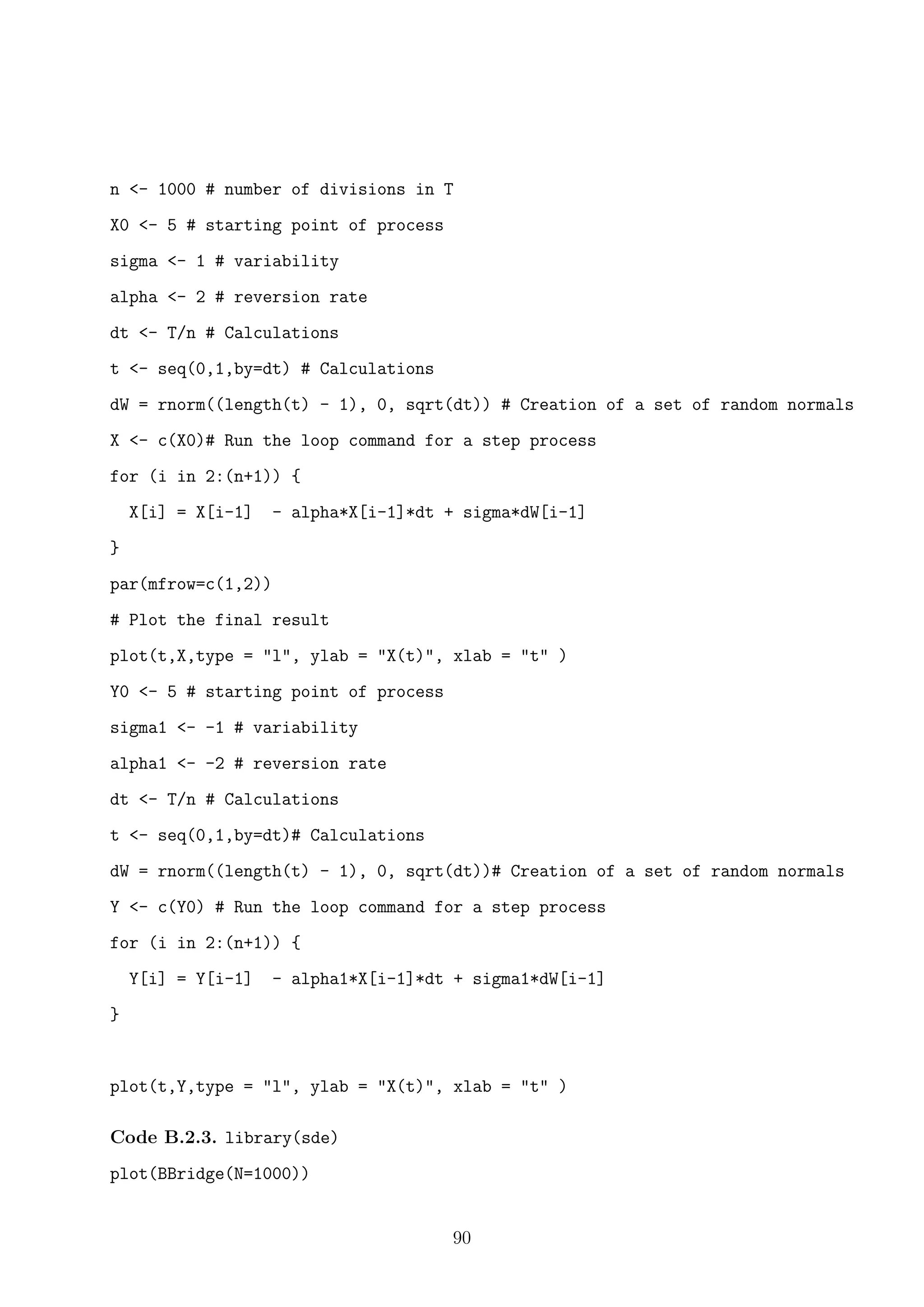 n <- 1000 # number of divisions in T
X0 <- 5 # starting point of process
sigma <- 1 # variability
alpha <- 2 # reversion rate
dt <- T/n # Calculations
t <- seq(0,1,by=dt) # Calculations
dW = rnorm((length(t) - 1), 0, sqrt(dt)) # Creation of a set of random normals
X <- c(X0)# Run the loop command for a step process
for (i in 2:(n+1)) {
X[i] = X[i-1] - alpha*X[i-1]*dt + sigma*dW[i-1]
}
par(mfrow=c(1,2))
# Plot the final result
plot(t,X,type = "l", ylab = "X(t)", xlab = "t" )
Y0 <- 5 # starting point of process
sigma1 <- -1 # variability
alpha1 <- -2 # reversion rate
dt <- T/n # Calculations
t <- seq(0,1,by=dt)# Calculations
dW = rnorm((length(t) - 1), 0, sqrt(dt))# Creation of a set of random normals
Y <- c(Y0) # Run the loop command for a step process
for (i in 2:(n+1)) {
Y[i] = Y[i-1] - alpha1*X[i-1]*dt + sigma1*dW[i-1]
}
plot(t,Y,type = "l", ylab = "X(t)", xlab = "t" )
Code B.2.3. library(sde)
plot(BBridge(N=1000))
90
 