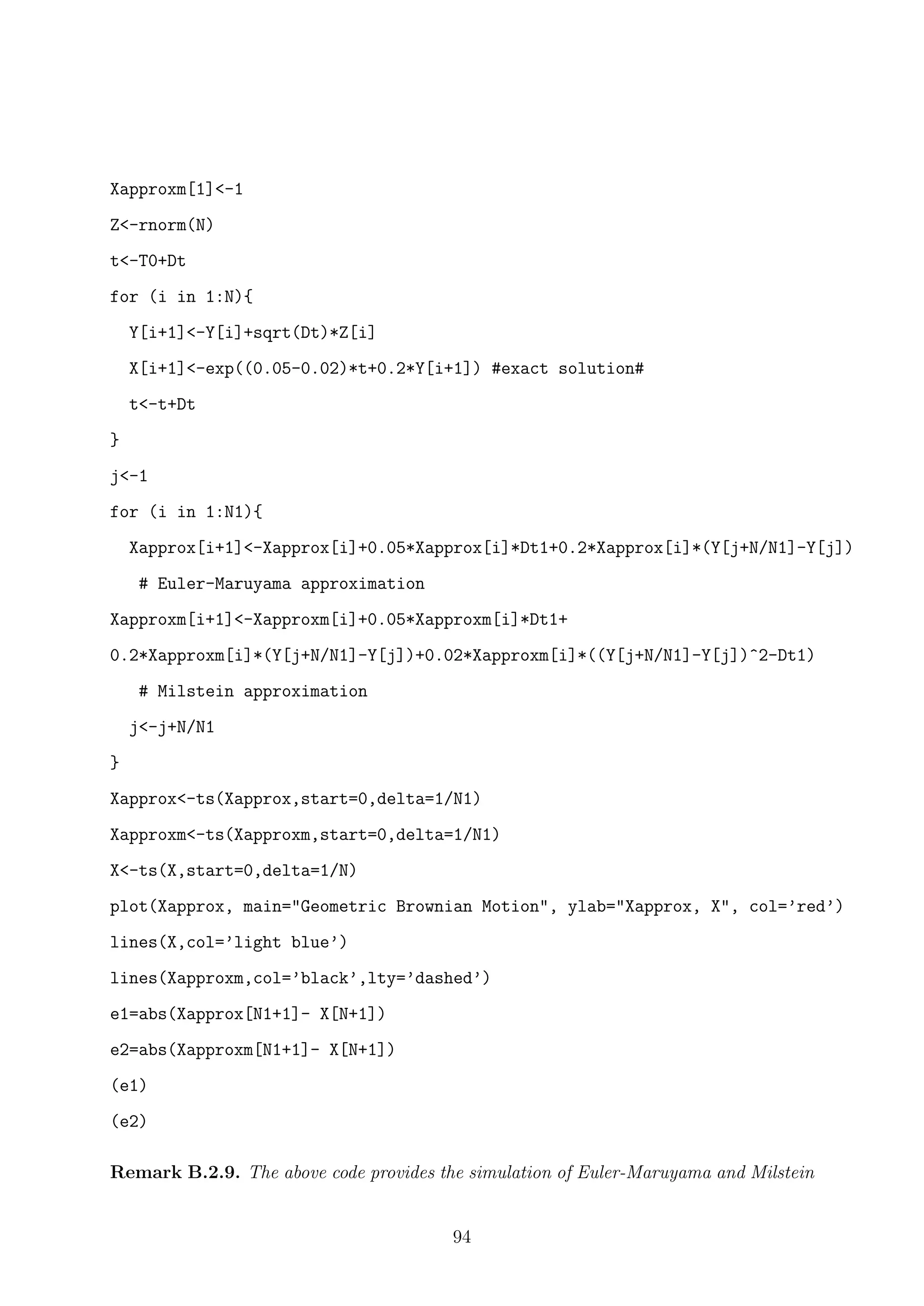 Xapproxm[1]<-1
Z<-rnorm(N)
t<-T0+Dt
for (i in 1:N){
Y[i+1]<-Y[i]+sqrt(Dt)*Z[i]
X[i+1]<-exp((0.05-0.02)*t+0.2*Y[i+1]) #exact solution#
t<-t+Dt
}
j<-1
for (i in 1:N1){
Xapprox[i+1]<-Xapprox[i]+0.05*Xapprox[i]*Dt1+0.2*Xapprox[i]*(Y[j+N/N1]-Y[j])
# Euler-Maruyama approximation
Xapproxm[i+1]<-Xapproxm[i]+0.05*Xapproxm[i]*Dt1+
0.2*Xapproxm[i]*(Y[j+N/N1]-Y[j])+0.02*Xapproxm[i]*((Y[j+N/N1]-Y[j])^2-Dt1)
# Milstein approximation
j<-j+N/N1
}
Xapprox<-ts(Xapprox,start=0,delta=1/N1)
Xapproxm<-ts(Xapproxm,start=0,delta=1/N1)
X<-ts(X,start=0,delta=1/N)
plot(Xapprox, main="Geometric Brownian Motion", ylab="Xapprox, X", col=’red’)
lines(X,col=’light blue’)
lines(Xapproxm,col=’black’,lty=’dashed’)
e1=abs(Xapprox[N1+1]- X[N+1])
e2=abs(Xapproxm[N1+1]- X[N+1])
(e1)
(e2)
Remark B.2.9. The above code provides the simulation of Euler-Maruyama and Milstein
94
 