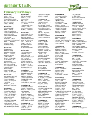 page 6	 February 2015
FEBRUARY 1
LEIGH E. CRAFT
BRENDA S. FRASER
CRYSTAL S. GONZALEZ
KELLY LEIGH GRIENINGER
DIANA H. HARRIS
JAMES A. HUGHES
FEBRUARY 2
CONNIE BEASLEY
PETRA F. BLAND
NAEEMAH AIN CURTIS
HELENV. DIAZ-ROBINSON
SHUNTA N. GRANT
GWENDOLYN REDDICK
	LAWRENCE
MEREDITH L. LEBEAU
CONSTANCE M. LUNDQUIST
PAMELA E. MOKOKO
KATHY M. NUNN
KALIFA SHABAZZ
FEBRUARY 3
CAROL S. BUCK
TERESA L. CISCO
ANDREW J. COLLINS
PAMELA A. GROOVER
JESSICA R. KEIFFER
LARRY LUNDY
JACKIE I. MCMICHAEL
JULIA L. MIKELL, MD
JULIA S. MURPH
AFSHAN NASRULLAH
JUANITA M. OGLESBY
MARSHA K. SINGLETARY
LAUREN S. SMITH
RUBY L. SMITH
LORI F. TREMBLE
MELISSA M.VERMILYEA
FEBRUARY 4
STEPHANIE R. DENMARK
SHERRY L. DICKSON
LYNN N. HOSKINS
DAVIDA J. MAKEPEACE-	
	SAMAYOA
ROBERT A. RAPACH
JENNIFER M.TILLINGER
FEBRUARY 5
TRICIA L. AMELUNG
TENNELL A. GIBBONS
SADIQA G. GULSTON
LESLIE JONES-BENNETT
HEATHER M. MARTIN
SHARON MURRAY
MARY L. OWEN
MARTHA G. PEACOCK
HALEY R.TUGGLE
PATRICIA J.VAN BRUNT
VERNITA M.WASHINGTON
KRISTIE DAWN WISTERMAN
FEBRUARY 6
STEPHEN E.ASHLEY
NATALIE T. BAUER
KIAY. CARTER
AMY B. IGOU
JACKIE LYNN MORGAN
LU F. PERKINS
MAGDALENE B. SCOTT
CHERYL G. SMITH
JUANITA THOMPSON
BARBARA A.WILSON
FEBRUARY 7
LESLIE-LYNNE L.K.ATES
SUSAN E. CHANDLER
GLENN C. GODBEE
STEPHANIE A. MITCHELL
JIMMIE LEE SAUNDERS
ERICA L. STEWART
TONI M.THOMAS
ANTONIO D.TYSON
SEAN B.WHITE
BRANDY N.WILLIAMS
FEBRUARY 8
MELITTA A. ADKINS
ELAINE M. BAILEY
ELSIE J. BAPTISTE
MENZANNA C. BLAKLEY
DOY E. CARTER
JOSEPH P. HARDEE
KYLEN M. JOHNSON
BRENDA B. MCMILLAN
KIMBERLY Z. PITTS
CHERYL L. RAWLINGS
RIVERA D.WINSTON
FEBRUARY 9
SHAWNNA R. BISHOP
RHONDAY. BRANTLEY
PAMELA R. COXON
SHERRY H. DANELLO
LORRAINE C. KNIGHT
DAWNA M. ROLLINS
CATHY ROSE
CONSTANCE B. SCRIPTURE
FEBRUARY 10
SHANDRENA FAMBLE
MELISSA A. HOFFMAN
TIFFANY L. JAMES-WALKER
MARY KIMMER
LARRY MORGAN
JAMIE L. ROBERSON
CYNTHIA E. ROTHWELL
AMBER M. SMITH
JACQUELINE N. VALDEZ
EDNA MAE G.WILLIAMS
FEBRUARY 11
ANGELA M. ALBRIGHT
CONNIE J. CARLTON
KEVIN M. HILLS
JANICE I. KIMBRELL
CYNTHIA M. LOWERTS
DESIREE L.VALDEZ
FEBRUARY 12
NORMA A. DELGADO
MELINDA P. GRANT
KEVIN D. KELLY
JOHN WESLEY KRULIC
CHRISTOPHER NEAL LANE
JOHNNIE R. LAWSON
LASANDRA MONIFIA M.
	MILLER
SHELLEY L. PROCTOR
JONI N. SHORTT
DEBORAH A. SIMMONS
MARIE A. STRICKLAND
FEBRUARY 13
NATALIE J. BROWN
JAIME L. CLIFTON
CHARISSE L. HURT
CHRISTINE JONES
JENNIE S. MCCREARY
WENDELL K. MIXON
VICTORIA M. PAMPLONA
SONYA C. PRUITT
LANA M. RAHN
CATHY M. SISTRUNK
PENNY E. SITTON
JOHN J. SUTHERLAND
DANA L.WELSER
KEAUNAE A.WILLIAMS
SAMANTHA M.WILLMAN
FEBRUARY 14
JAMES R. DAVIS
JENNIFER S. DELP
RODENA S. SPAULDING
FEBRUARY 15
JEANNE M. CONRADE
CANDACE A. GILBERT
SR. JACQUELINE GRIFFITH
SHIRLEY A. HOBBS
DONNA M. MALECKA
KYLE J. PIERSON
ASHLEY D. REAVES
FEBRUARY 16
DEBORAH MARIE ARCHER
HAILY G. BROWN
JENNIFER JONES DAWSON
SHERLINE F. JACOBS
RENEE LOKENBERG
	MONTAUDO
CHERYLY. PRYOR-COBB
FEBRUARY 17
ANGELA M. GRANT
ALANIA SUE GREENE
FAITH M. GRESHAM
MACHELLE Q. LEWIS
GINA C. MALONE
FEBRUARY 18
HEATHER J.ATKINSON
ODELLA M. BOLDEN
CLAIRE L. BOYD
SANDRA A. DYESS
RYAN LEE GOETZ
KATHERINE K. KALIMA
JUDSON P. ROOKS
ELIZABETH S.THORNTON
STANLEY WESTON JR.
LAWRENCE F.WILKES
BRANDI L.WILLIAMS
SHERRON L.WOO
FEBRUARY 19
DEBORAH A. CLARK
BETTY R. HUDSON
EYVONNE GRIFFIN JOHNSON
GINGER RENE LAUGHNER
MEGAN F. SIDDEL
FEBRUARY 20
MIRANDA P.ALLEN
BARBARA G.ALSTON
AMBER B.ANDERSON
ALICIA P. BLOUNT
ECHIKA N. CHUKWUKERE
JOHN O. COBB
OLIVIA DUFFIE
JOHN FRAZEE
DEREK A. GAUL
MORRIN J. MCLAUGHLIN
JESSY L. MCMULLAN
JAN R.WALKER
FEBRUARY 21
MARK A. ANDERSON
TOSCA N. DUKES
AMADOU NIANG
RUTH E. STINEY
NECEFORA M. SURRETTE
FEBRUARY 22
SANDRA M. BRYANT
KEVIN P. CAMPS
SANDRA L. CUBBEDGE
STEPHANIE HARVEY
DOROTHY L. KURTZ
DAWN R. KUSCHER
MICHELLE S. LEECH
JAMIE N. MAUNEY
KIMBERLY AMERSON NELSON
LAQUITA D. ROBINSON
DONALD TOM SANDNES
DESIREE P.TAYLOR
FEBRUARY 23
SHELBY SHAWN ANKRUM
SUSIE CONYERS
NYISHA EDWARDS
STEVEN D. GILES
GAY SYTRINE HILL
LINDA ISBER
SOFIA IRENE LAURETTI
LACI J. MCLEOD
JAMIE S. MEISER
MICHAEL S. SANGIORGE
JULIA SCHACHTER
FEBRUARY 24
CHERYDA GREGORY
NGOC-NHI L. HOANG
CAROLYN L. MANESS
ANTHONY JOHN RENEW
ALISON A. RYCROFT
STACEY L. SEARCY
PAMELA C. SHUMAN
SARAH WASSON
ERICA R.WRIGHT
FEBRUARY 25
LINDA M.ARREGLADO
JOEANN LAWTON BRYANT
DOROTHY L. JOHNSON
DAVID P. LAMBERT
STEPHANIE B. O’QUINN
LOERA M. POPE DE RENDON
SHARLENE S. ROSE
JULIE D. SMALLS
VICTORIA A.WOODS
FEBRUARY 26
JANE MARIE GOUGH
BRETT C. HUNT
BRUCE M. JONES
CHRISTINA M. OVERSTREET
BAMBI T. POTTER
PATRICIA G. ROUSE
CHRISTY R. SCHUMAN
FEBRUARY 27
SHANNON K. BOYKIN
SARAH BURNS
ANITA K. CLIFTON
ABASSE KONTE
SARAH B. NEGRON
FEBRUARY 28
EDWARD ALVAREZ
CHRISTINE M. BLECK
KATHRYN M. BOWLING
MARCELLA R. CHARLES
SANDRA K. DUNHAM
BETTY EARLY
BLAIR L. FAULK
JUDYTH L. GULLE
ELIZABETH D. HINELY
MICHELLE M. LIVELY
ANGELA D. MCCALLAR
REBECCA K. MCCUNN
DONNIE L. REDFEARN JR.
MICHELE J. ROBERTS
YASMIENE T. SHEMDIN
LEOLA WILLIAMS
FEBRUARY 29
YOLANDA RENITA JACKSON
February Birthdays
 