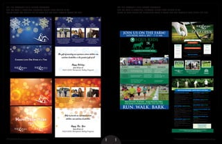 98
Equi-Kids Therapeutic Riding Program collaterals
Logo and brand is established, collateral printed pieces designed by me.
Holiday Appeal was modified for Christmas and New Year’s campaign (scaled for size)
The gift of providing an experience where abilities can
outshine disabilities is the greatest gift of all
Happy Holidays
from all of us at
EQUI-KIDS Therapeutic Riding Program
Mark
USMC Sergeant
EQUI-VETS
Service Program Participant
“EQUI-VETS took me above and
beyond whatever I thought I could do.
There is nothing better
for the inside of a man than
the outside of a horse.”
Lisa
Attorney
EQUI-KIDS
Therapeutic Riding Participant
“After my stroke, EQUI-KIDS became
the place where my disability became
an ability! It was an immediate
uplifting of my spirit and changed
my whole outlook on life.”
Gus & Beth
Special Needs Student
EQUI-KIDS
Therapeutic Riding Participant
“Riding his horse is one of the things
Gus loves most in this world.
There was an instant connection
with the horses.”
HappyNewyear
from
Happy New year
from
Changing Lives One stride at a time
ChangingLivesOnestrideatatime
Happy New Year
from all of us at
EQUI-KIDS Therapeutic Riding Program
Mark
USMC Sergeant
EQUI-VETS
Service Program Participant
“EQUI-VETS took me above and
beyond whatever I thought I could do.
There is nothing better
for the inside of a man than
the outside of a horse.”
Lisa
Attorney
EQUI-KIDS
Therapeutic Riding Participant
“After my stroke, EQUI-KIDS became
the place where my disability became
an ability! It was an immediate
uplifting of my spirit and changed
my whole outlook on life.”
Gus & Beth
Special Needs Student
EQUI-KIDS
Therapeutic Riding Participant
“Riding his horse is one of the things
Gus loves most in this world.
There was an instant connection
with the horses.”
Help to provide an experience where
abilities can outshine disabilities
JOIN US ON THE FARM!
SATURDAY, MAY 6, 2017 • 7-11 AM
Event Info Fee Awards
CROSS
COUNTRY
5K
Run with the horses in a cross
country race through our trails.
$35.00 through 4/30
$40.00 5/1-5/5 and
$45.00 on Race Day
1st, 2nd, & 3rd male and female
1st place in each age group
will be recognized
and Finisher Medal
RUN WITH
THE HOUNDS
1-mile dog run
One dog on leash per runner.
Doggy daycare available
$35.00 through 4/30
$40.00 5/1-5/5 and
$45.00 on Race Day
Top Dog Overall
Top Dog in 5 weight classes
and Finisher Medal
PONY RUN
FOR THE KIDS
1/2-mile fun run
EQUI-KIDS Therapy Pony leads
the course for children 12 &
under. 1 Adult per child.
$20
1st, 2nd, & 3rd Overall
and Finisher Medal
REGISTER TODAY: EQUIKIDS.ORG
FOR MORE INFORMATION CALL (757) 721-7350
RUN. WALK. BARK.
Timing & Results by:Event location: EQUI-KIDS • 2626 Heritage Park Drive • Virginia Beach VA 23456
Equi-Kids Therapeutic Riding Program collaterals
Logo and brand is established, collateral printed pieces designed by me.
Annual 5k Cross Country Run inofmational poster & Annual Golf Open sponsoship flyer (scaled for size)
BAYVILLE GOLF CLUB
4137 First Court Road, Virginia Beach, VA 23455
HOSTED AT
Bayville Golf Club opened in 1995, exclusively for the
pleasure and recreation of its members and foremost for their
enjoyment of golf. The renowned golf course architect
Tom Fazio designed Bayville Golf Club.
EQUI-KIDS MISSION
To provide, promote and support equine assisted activities for
individuals who have mental, physical, emotional, social or
learning disabling conditions.
COURSE INFORMATION
GOLF OPEN
FORMAT
Four person
Florida Best Ball
Awards given to First,
Second and Third
place teams
Prizes for Closest to the
Pin & Longest Drive
Raffle Prizes
Hole in One Prizes
SCHEDULE
10:30 a.m.
Registration
11:00 a.m. - Noon
Driving Range and
Putting Green Open
12:30 p.m.
Shotgun Start
Therapeutic Riding Program
EQUI-KIDS EXCLUSIVE
Team Photos with EQUI-KIDS’ Pony
Prior to Shotgun Start!
Dinner buffet and awards
following conclusion of golf
EQUI-KIDS EXCLUSIVE
Team Photos with EQUI-KIDS’ Pony
Prior to Shotgun Start!
23rd
APRIL 4, 2017
PRESENTING SPONSOR - $10,000
• Four complimentary foursomes (16 players) with premier
start placement
• Premier recognition as Presenting Sponsor in all event
marketing and media promotion
• Name/logo displayed on two of the 18 holes
• Four (4) complimentary tickets to The Stall Ball hosted at
EQUI-KIDS on November 18, 2017
• Premier recognition in EQUI-KIDS newsletter as
Presenting Sponsor
• Invitation to setup promotional table at one of the
Par-3 Holes
• Exclusive sponsor gift and acknowledgment during
awards presentation
EAGLE SPONSOR - $5,000 (3 Available)
• Two complimentary foursomes (8 players) with preferred
start placement
• Prominent recognition as Eagle Sponsor in all event
marketing and media promotion
• Name/logo on golf flag displayed at one of the 18 holes
• Two (2) complimentary tickets to The Stall Ball hosted at
EQUI-KIDS on November 18, 2017
• Prominent recognition in EQUI-KIDS newsletter as
Eagle Sponsor
• Invitation to setup promotional table at one of the
Par-3 Holes
• Exclusive sponsor gift and acknowledgement during
awards presentation
BIRDIE SPONSOR - $2,500 (4 Available)
• Complimentary foursome (4 players)
• Prominent recognition as Birdie Sponsor in all event
marketing and media promotion
• Name/logo displayed at one of the 18 holes
• Prominent recognition in EQUI-KIDS newsletter as
Birdie Sponsor
• Sponsor gift and acknowledgement during awards
presentation
CART SPONSOR - $2,500 (1 Available)
• Complimentary foursome (4 players)
• Logo on all golf carts
• Prominent recognition as Cart Sponsor in all event
marketing and media promotion
• Sponsor gift and acknowledgement during awards
presentation
ACE SPONSOR - $1,500 (10 Available)
• Complimentary foursome (4 players)
• Recognition as Ace Sponsor in all event marketing and
media promotion
• Sponsor acknowledgement during awards presentation
HOLE SPONSOR - $750 (12 Available)
• Complimentary twosome (2 players)
• Name/logo on golf flag displayed at one of the 18 holes
• Sponsor acknowledgement during awards presentation
CLOSEST TO THE PIN SPONSOR - $500
(2 Available)
• Complimentary player
• Logo recognition as Closest to the Pin sponsor at
designated hole
• Acknowledgement during awards presentation
• Option to provide prize for Closest to the Pin
LONGEST DRIVE SPONSOR - $500
(2 Available)
• Complimentary player
• Logo recognition as Longest Drive sponsor at
designated hole
• Acknowledgement during awards presentation
• Option to provide prize for Longest Drive
SPONSORSHIP OPPORTUNITIES
For more information or to reserve your sponsorship, contact Susan Hahn at
757-721-7350 or susan.hahn@equikids.org
TEAM AND INDIVIDUAL
PLAYER FEES ONLY:
Foursome - $1,200
Individual Player - $325
 