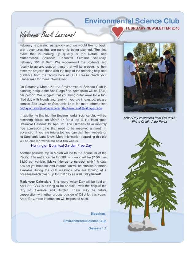 Environmental Science Club Newsletter February