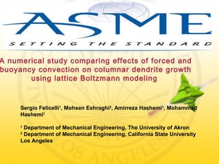 A numerical study comparing effects of forced and
buoyancy convection on columnar dendrite growth
using lattice Boltzmann modeling
Sergio Felicelli1
, Mohsen Eshraghi2
, Amirreza Hashemi1
, Mohammad
Hashemi1
1
Department of Mechanical Engineering, The University of Akron
2
Department of Mechanical Engineering, California State University
Los Angeles
 