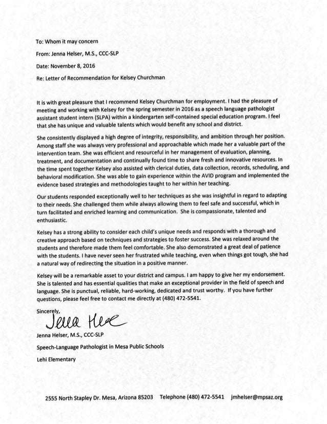 kelseys letter of recommendation by jenna helser ccc slp letter of recommendation for speech pathologist