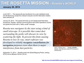 THE ROSETTA MISSION – Rosetta’s WORLD
January 20, 2014
June 8 2011 — The spacecraft was transferred into a spin stabilised...