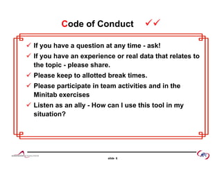 Code of Conduct 
 If you have a question at any time - ask!
 If you have an experience or real data that relates to
the topic - please share.
 Please keep to allotted break times Please keep to allotted break times.
 Please participate in team activities and in the
Minitab exercisesMinitab exercises
 Listen as an ally - How can I use this tool in my
situation?
slide 6
 