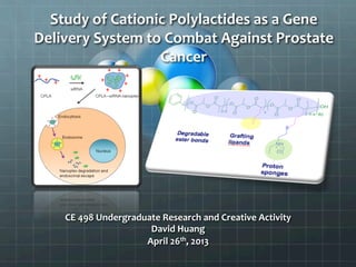 Study	
  of	
  Cationic	
  Polylactides	
  as	
  a	
  Gene	
  
Delivery	
  System	
  to	
  Combat	
  Against	
  Prostate	
  
Cancer	
  
CE	
  498	
  Undergraduate	
  Research	
  and	
  Creative	
  Activity	
  
David	
  Huang	
  
April	
  26th,	
  2013	
  
 