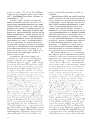 38
appears to be wearing a 1920s style suit. Women’s bathing
suits did not change dramatically, and still consisted of a top
with ‘U’ shaped back and front with short trunks worn low
on hips during the 1940s.14
At the Beach reads as a “snap-shot” type image, com-
prised of multiple figures that appear frozen in time even as
they are engaged in a multitude of activities. Frozen motion
dominates the image, as children run into the water to play; a
mother turns her head toward her friends while trying to free
her child of his clothes. The direction of these figures’ heads
seems to imply movement and with this implication, von der
Lancken creates the effect of a particular moment in time just
barely captured, as if by a camera. This photographic effect is
further emphasized with the artificial frame that surrounds
the entire image, which von der Lancken drew around the
scene in the same medium. The articulated frame contains
the figures, even as the figures are contained by their previous
actions. Even the steamship depicted in the background adds
to this emphasis on temporality within the work, as it is
frozen in its movement across the water as smoke in the air
next to it indicates that another ship has just floated by
before the image was created.
Von der Lancken depicts a variety of figures and
demonstrates their relation to one another through their
interactions and gestures. In the foreground, a group of
women huddle together and engage in a dialogue. Through
the positioning of their forms, the viewer is able to compre-
hend the nature of their interaction. The two figures on the
far right lean forward and direct their gaze at the figure on
the soapbox, indicating their attentiveness to the conversa-
tion. The conversation between the women seems casual as if
they are friends or co-workers chatting about recent events.
On the far right, the figure leans into the conversation as she
nonchalantly grabs a boy by the back of his shirt as he
attempts to run towards others beyond our view, perhaps
changing into or out of his clothes. This interaction between
woman and child suggests their relationship as mother and
son, as she demonstrates her affection for him by preventing
him from running off by himself. Beyond this cluster of
figures, a man and a woman stand face-to-face along the
water’s edge, and their close proximity could imply their
intimate relationship to one another. In addition, the casual
nature of their stances, with their hands on their hips and
slumped body language, indicates their comfort with each
other. As von der Lancken depicts the gesture and actions of
these figures, he allows the viewer to understand the nature
of their relationships and become a witness to the scene. Von
der Lancken placed the viewer at ground level as an onlooker.
The viewer does not engage in a dialogue with the figures, as
their backs are turned and they do not direct their line of
sight toward the viewer. Thus, the viewer is placed in the
position of von der Lancken, observing the scene but not
participating.
At the Beach appears familiar and accessible to the viewer
as already encountered in everyday life, connecting with the
viewer in an experiential way through this notion of familiar-
ity and accessibility. However, the viewer is met with a scene
that is artificially constructed and manipulated by the artist.
Von der Lancken convincingly fashioned forms to evoke
naturalistic, visual qualities in this image. In terms of the
relationship of the viewer and the framed landscape, von der
Lancken expressed the necessity of the isolation of the viewer
and the image. Specifically, in his essay entitled, “On the Use
of Framed Pictures in the Home,” von der Lancken wrote,
“With very rare exceptions these pictures are to be considered
by themselves. The observer standing before one becomes in
his interest of the subject depicted quite oblivious of his
surroundings.”15
The isolation of the viewer in front of At
the Beach places the viewer on the same visual plane as the
figures, thus increasing the accessibility of the image by
creating the illusion that the viewer is within the scene.
One of the key elements in von der Lancken’s drawing,
that is not seen in any of his other works in this exhibition, is
the element of humor. Von der Lancken seems to capture the
lighthearted and even playful ambiance of a day at the beach
in this particular drawing. An article written about von der
Lancken in the Tulsa Tribune in 1932, mentions the artist’s
sense of humor in some of his works. Although it is unknown
which of von der Lancken’s works this article is referencing,
the author writes of von der Lancken’s humor in portrait
drawings which were similar in technique to At the Beach,
stating, “…the portrait drawings at the end of the room
attract much attention, serving as they do to emphasize the
humor which von der Lancken is reputed to bring out where
there is a spark of it to be developed.”16
Von der Lancken
took advantage of the potential “spark” of humor in At the
Beach, developing the lighthearted nature of a day spent
along the shore through the actions of the children.
Beginning on the left-hand side of the drawing, the viewer
first encounters a young boy who seems to be hopping up
and down in excitement, or perhaps because he’s caught a
chill from swimming, as he talks to a woman that one can
assume is his mother. The image of a bouncing child in front
of a parent, speaking excitedly, is one not unfamiliar to
parents, and as one continues to look at the image, the child
on the far right-hand side of the scene undoubtedly attracts
attention. This young boy struggles to get away from his
mother, as mentioned earlier, with his arms flailing and one
foot firmly on the ground while the other pushes away as his
mother adjusts his clothing, clearly unfazed. These two boys
act as antonyms to one another as do their mothers, further-
ing the understated sense of humor in the scene. The boy on
 