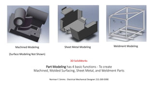 Part Modeling has 4 basic functions - To create
Machined, Molded Surfacing, Sheet Metal, and Weldment Parts
Norman F. Simms - Electrical Mechanical Designer 215-269-0390
3D SolidWorks
Machined Modeling
(Surface Modeling Not Shown)
Sheet Metal Modeling Weldment Modeling
 