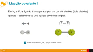 Ligação covalente I
Em H2 e F2 a ligação é assegurada por um par de eletrões (dois eletrões)
ligantes – estabelece-se uma ligação covalente simples.
Modelo molecular de H2 e F2 – ligação covalente simples.
2
 