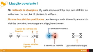 Ligação covalente I
Na molécula de dioxigénio, O2, cada átomo contribui com seis eletrões de
valência e, por isso, há 12 eletrões de valência.
Quatro dos eletrões partilhados permitem que cada átomo fique com oito
eletrões de valência e asseguram a ligação entre eles.
4 pares eletrões
ligantes
8 eletrões de valência
8 eletrões de valência
4 pares de eletrões não
ligantes
Ligação covalente dupla
 